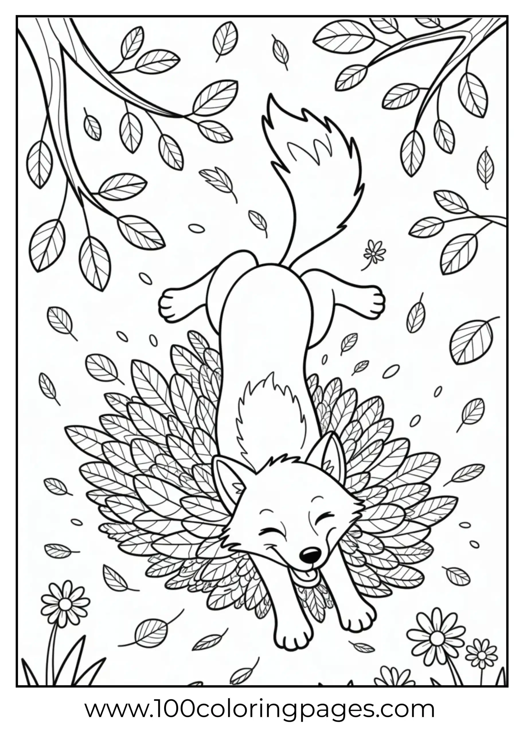 Fox jumping into leaf pile
