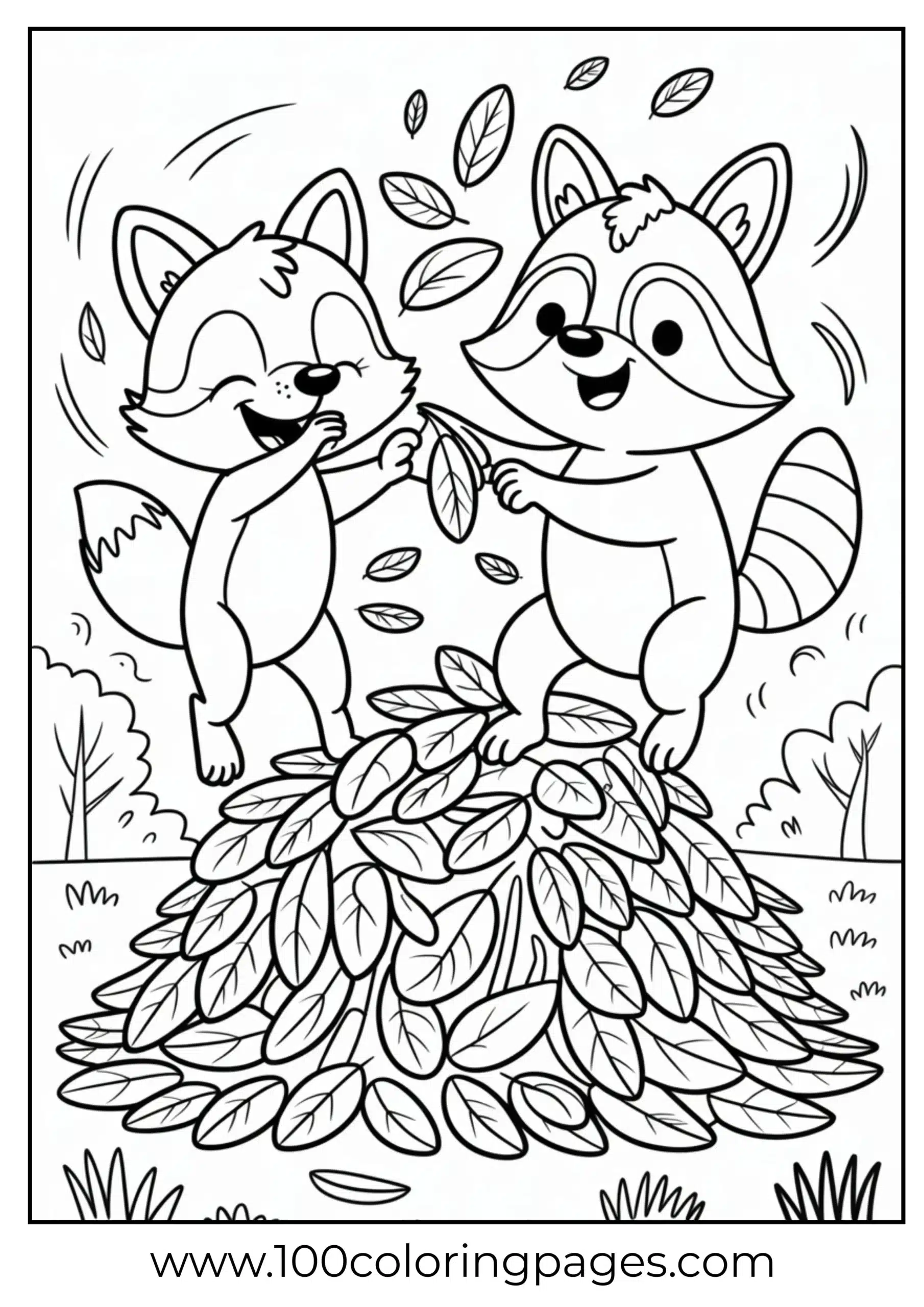 Fox and raccoon with leaf pile coloring page