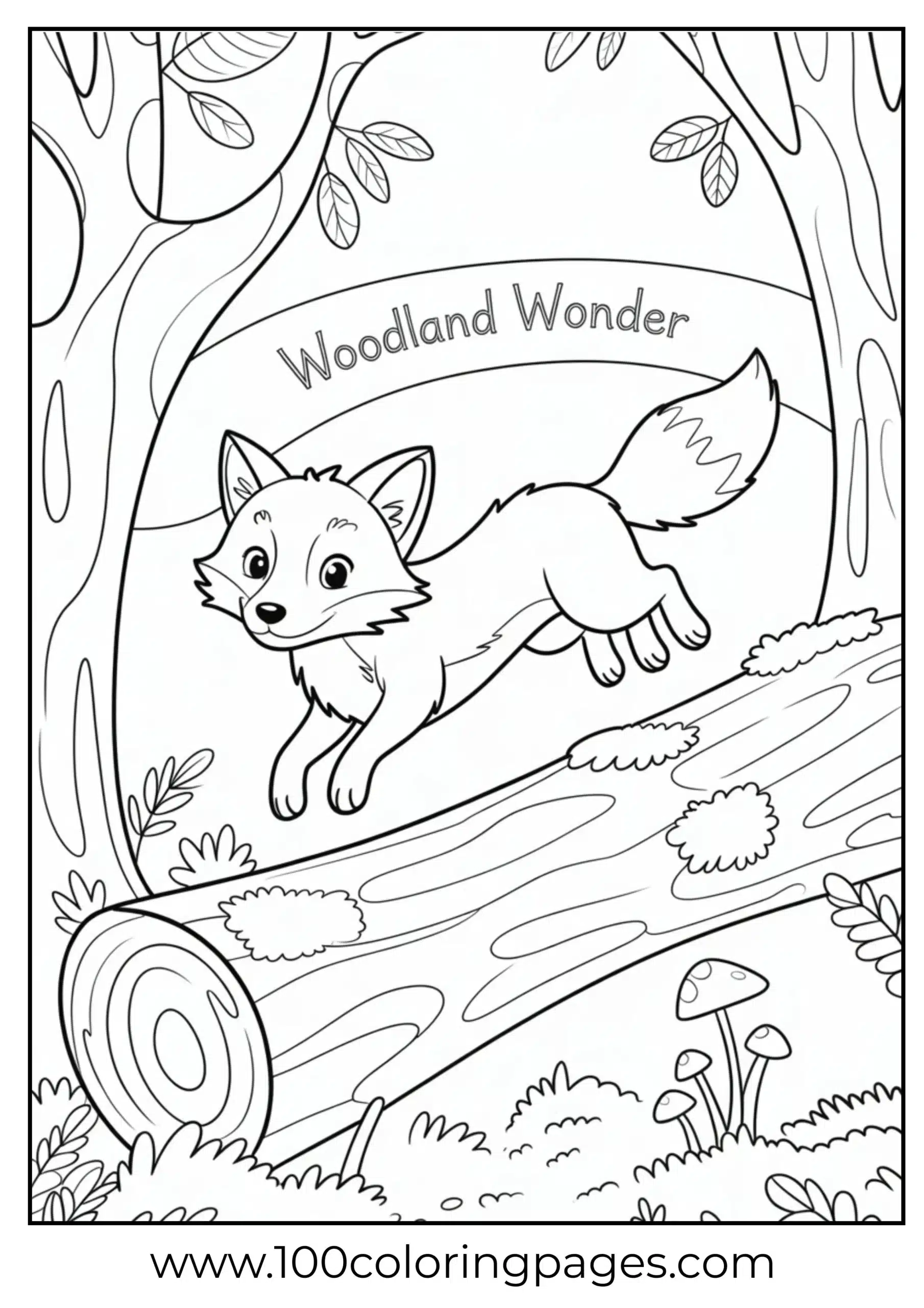 Fox leaping over log in forest