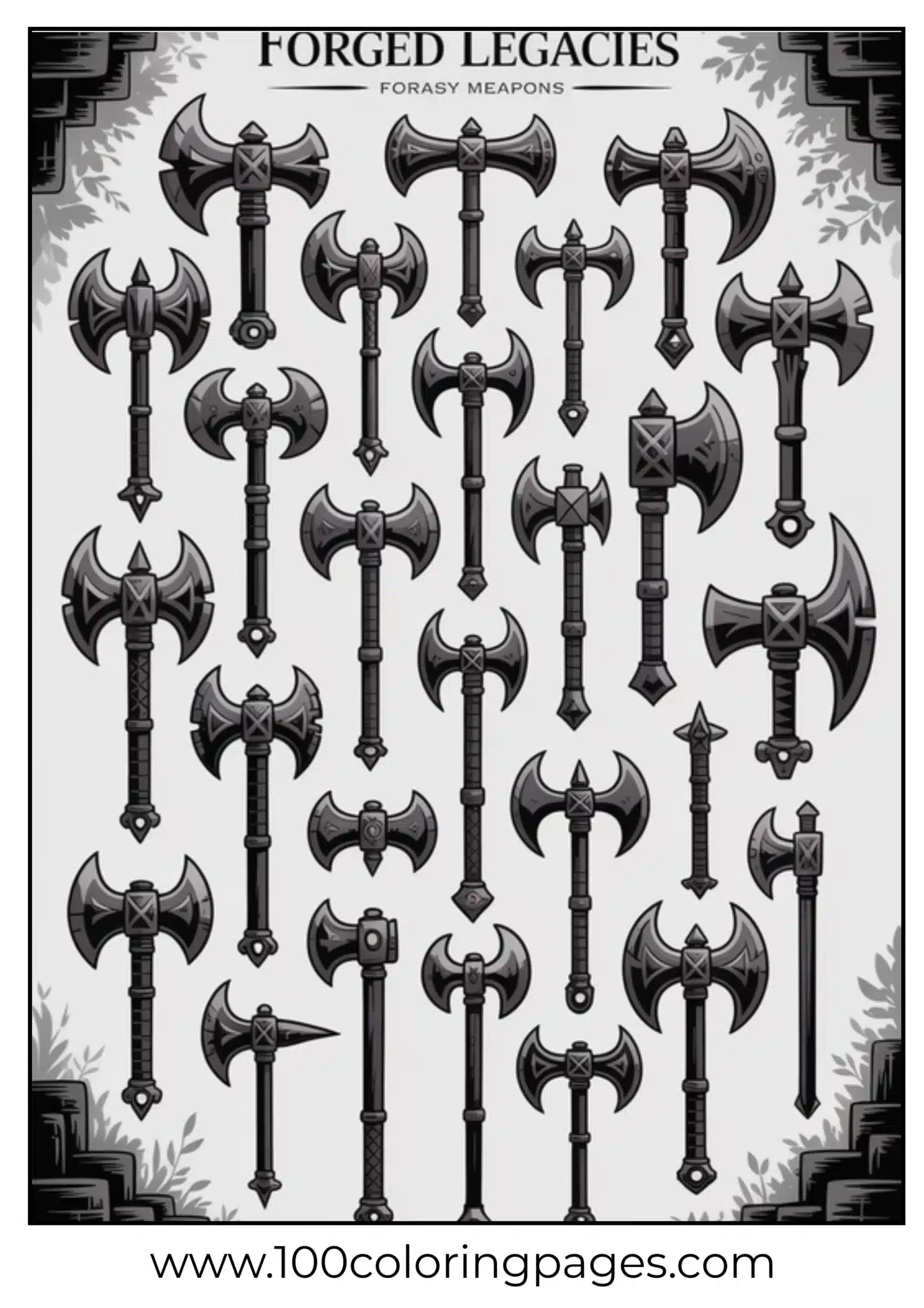 A variety of intricate medieval weapons for coloring