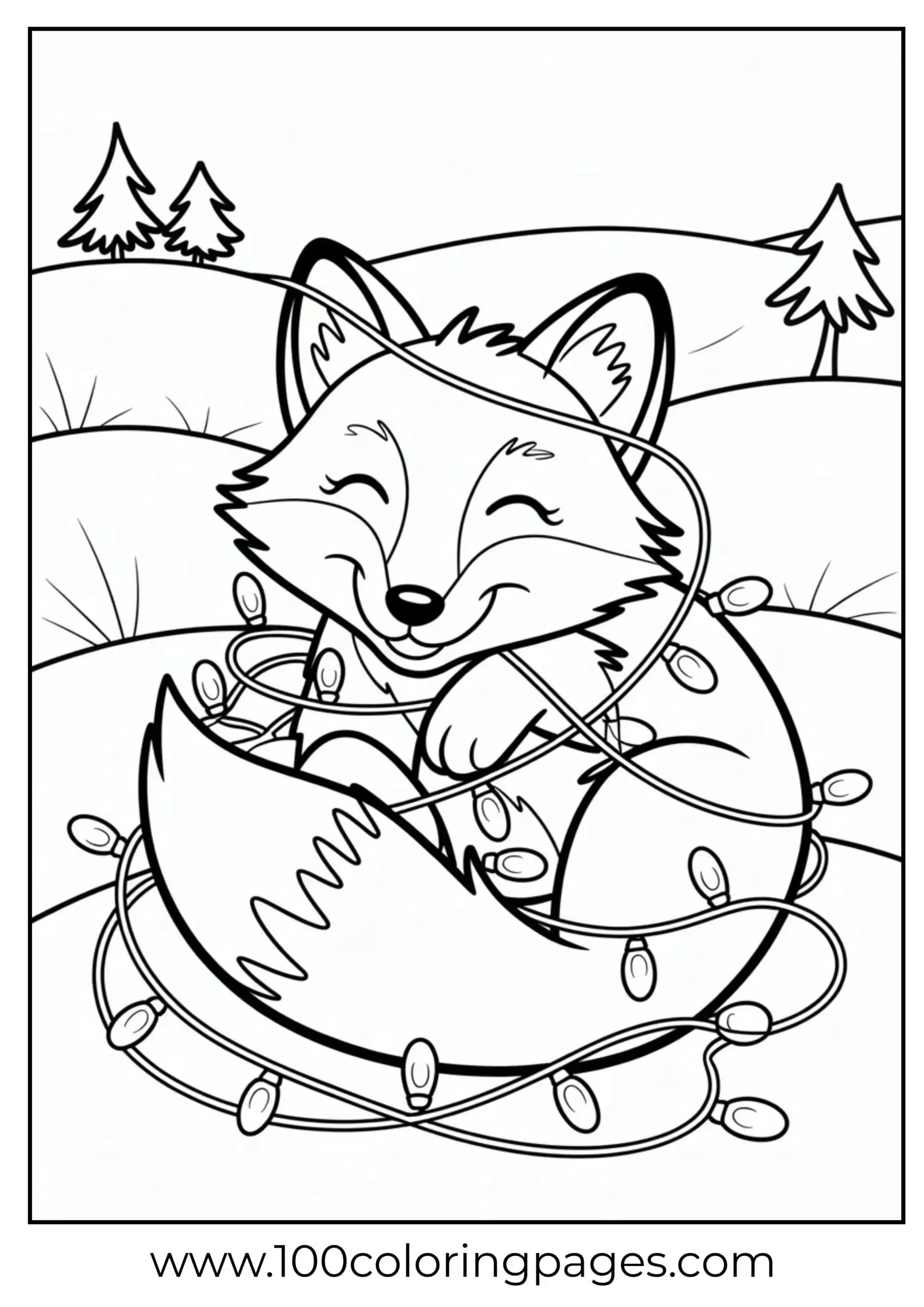 Fox tangled in string lights grinning