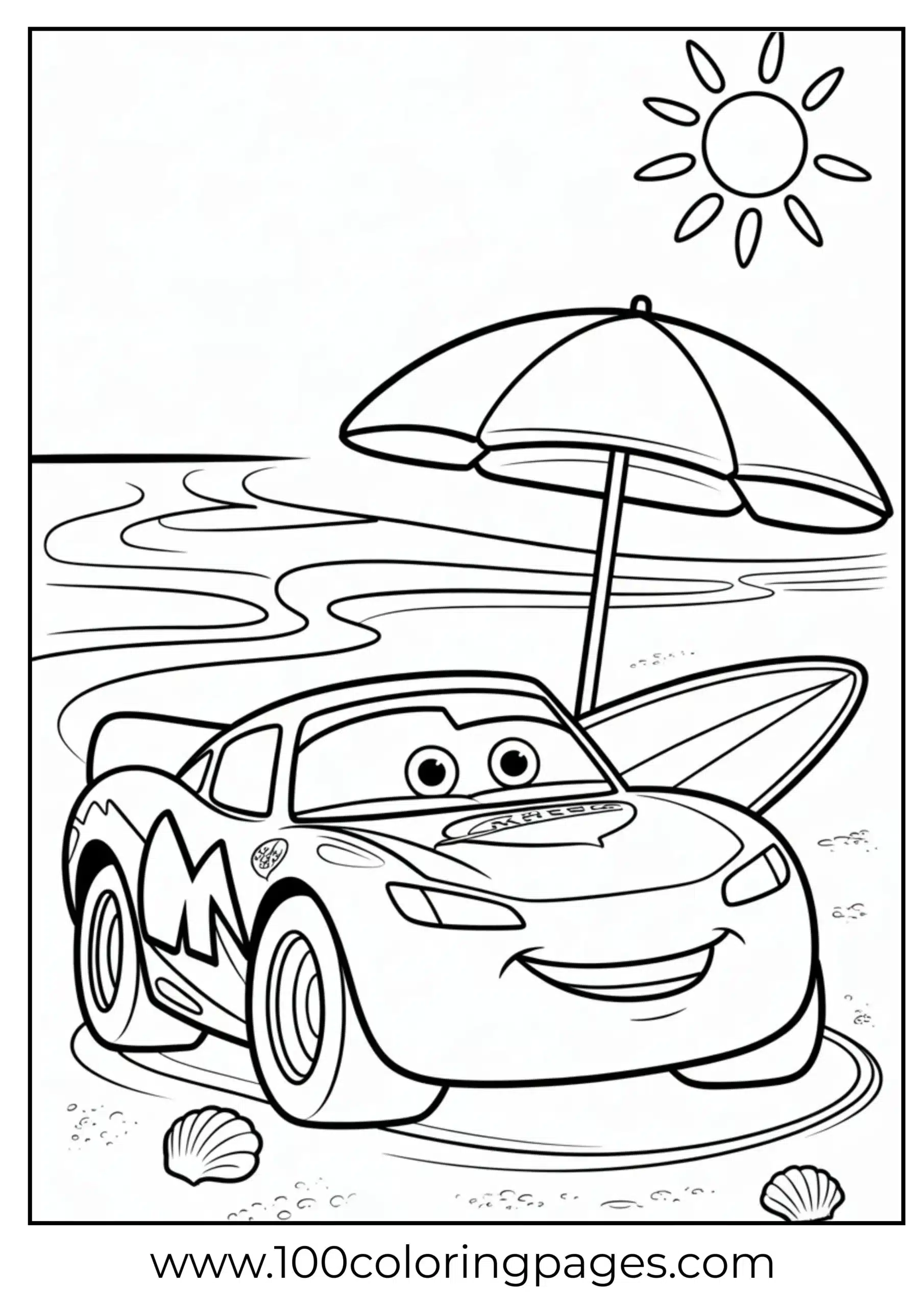 Lightning McQueen at beach with surfboard coloring page