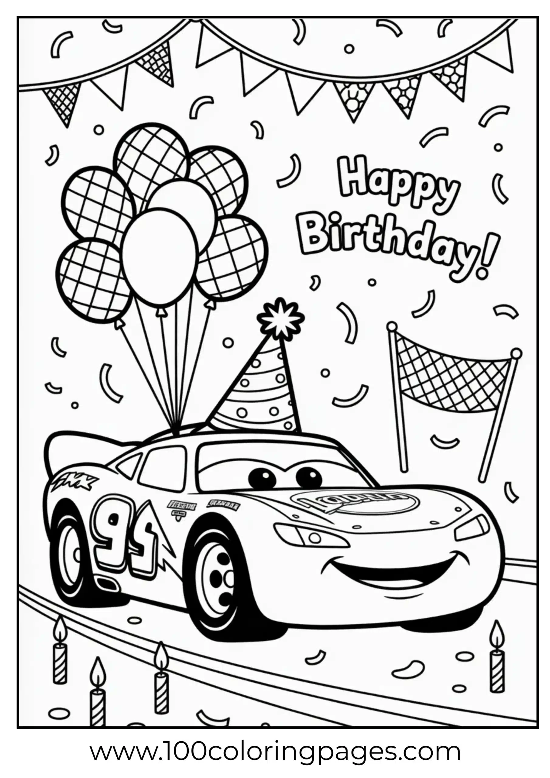 Lightning McQueen with balloons and birthday hat coloring page