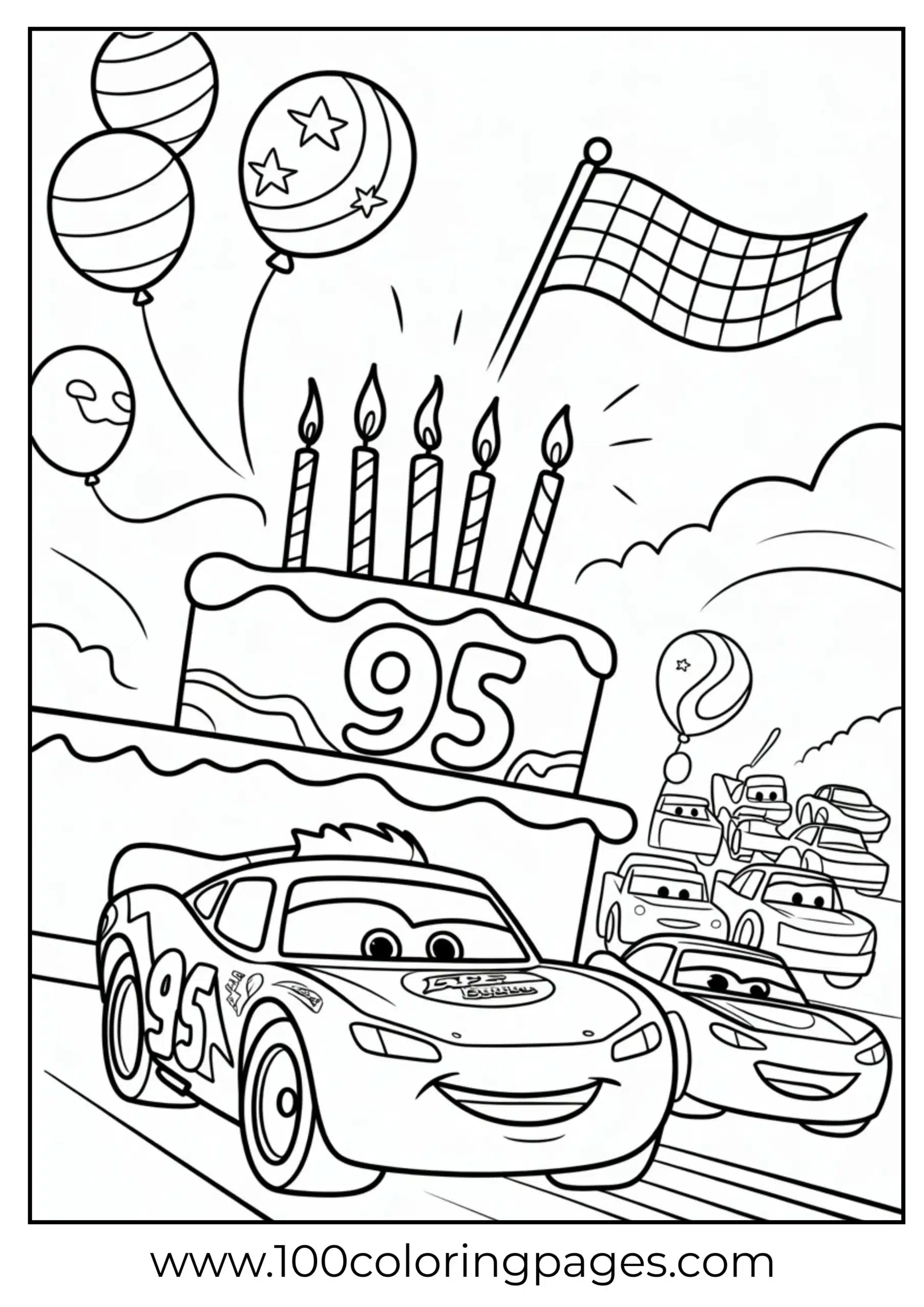 Lightning McQueen with birthday cake and candles coloring page