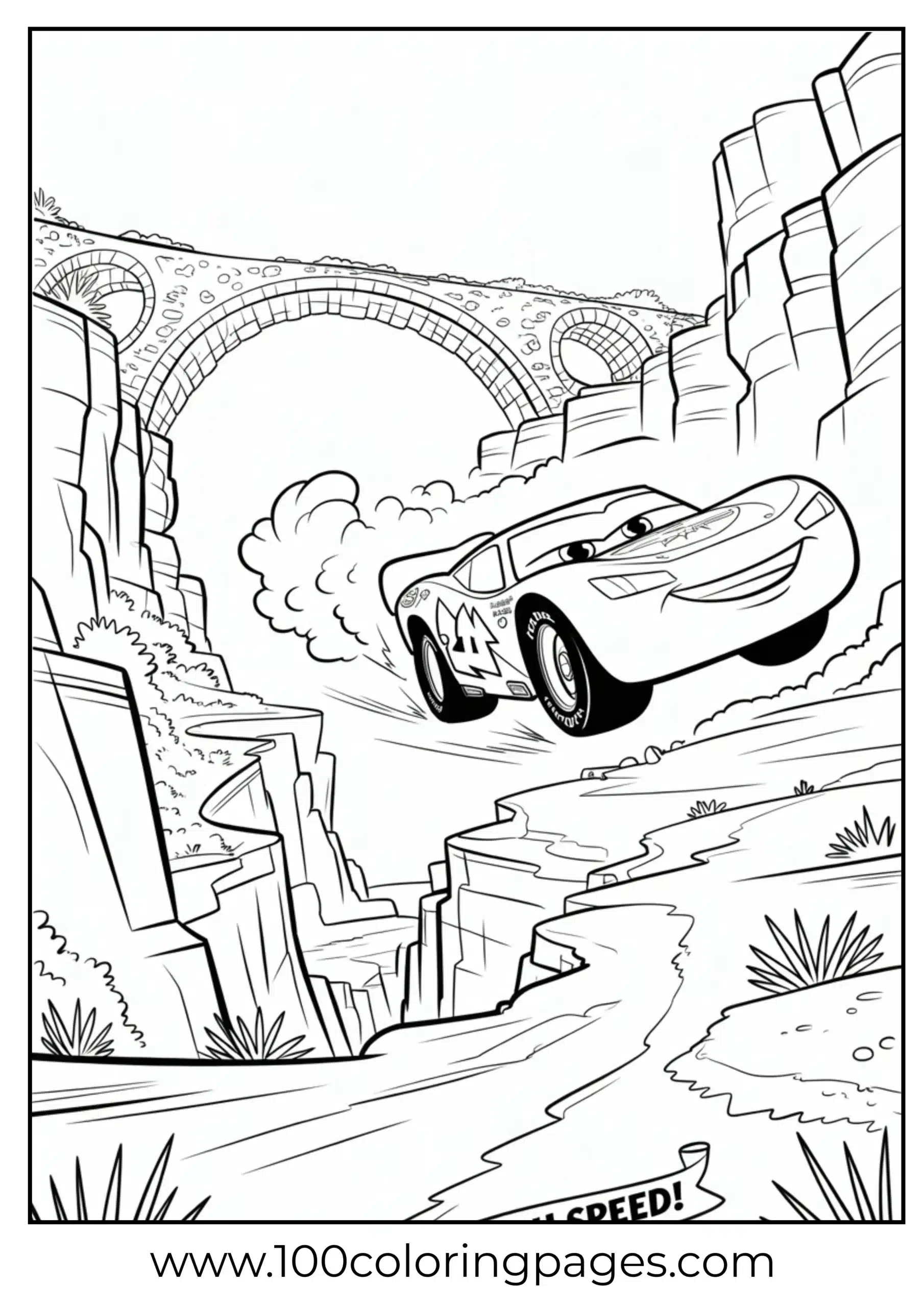 Lightning McQueen jumping canyon with broken bridge coloring page