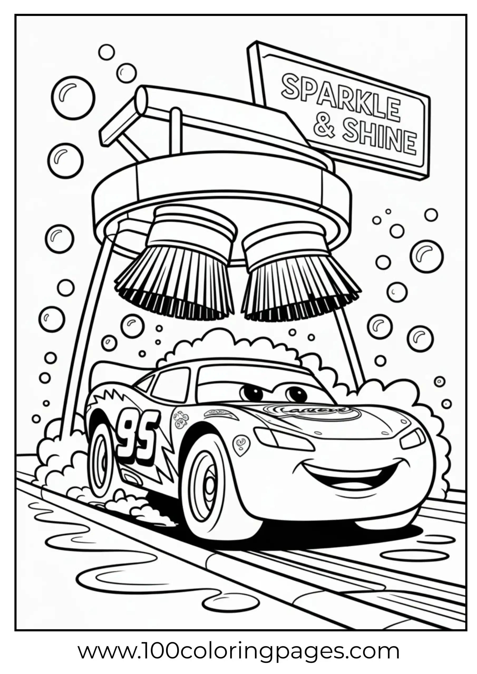 Lightning McQueen at car wash with bubbles coloring page