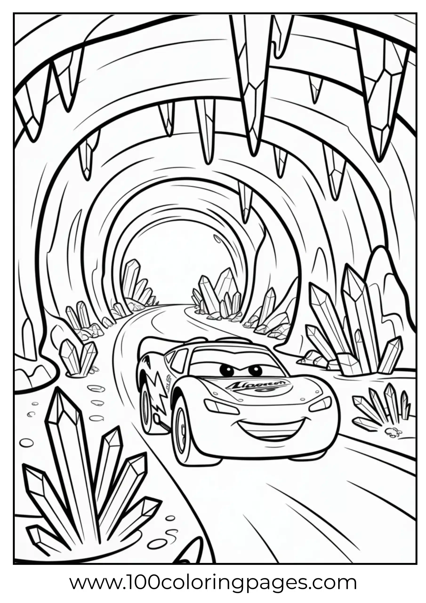 Lightning McQueen in glowing crystal cave coloring page