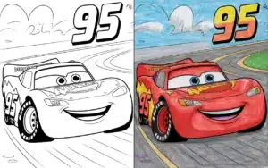 Side-by-side Lightning McQueen coloring page featuring the number 95 race car — left half in black-and-white line art, right half fully colored with red body, smiling expression, and racetrack background