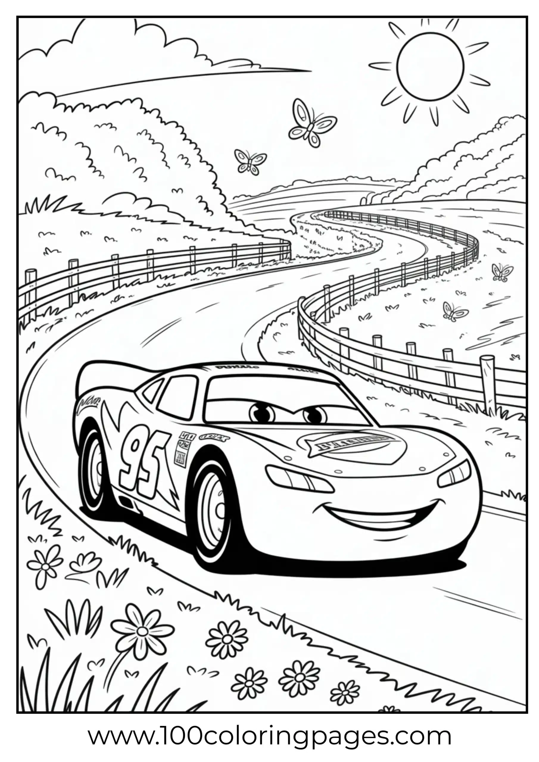 Lightning McQueen on grassy country road with butterflies coloring page