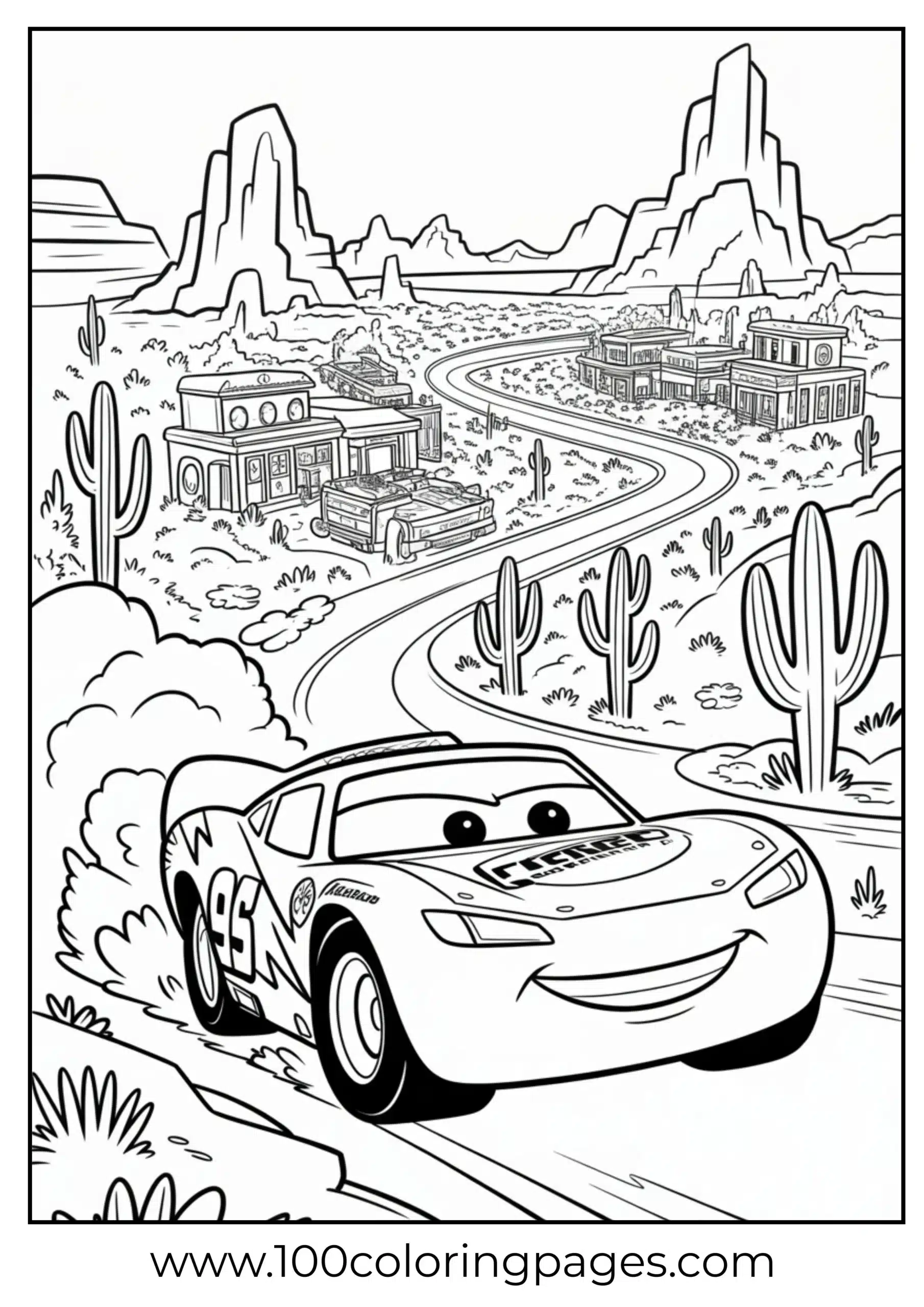 Lightning McQueen in desert with cacti coloring page