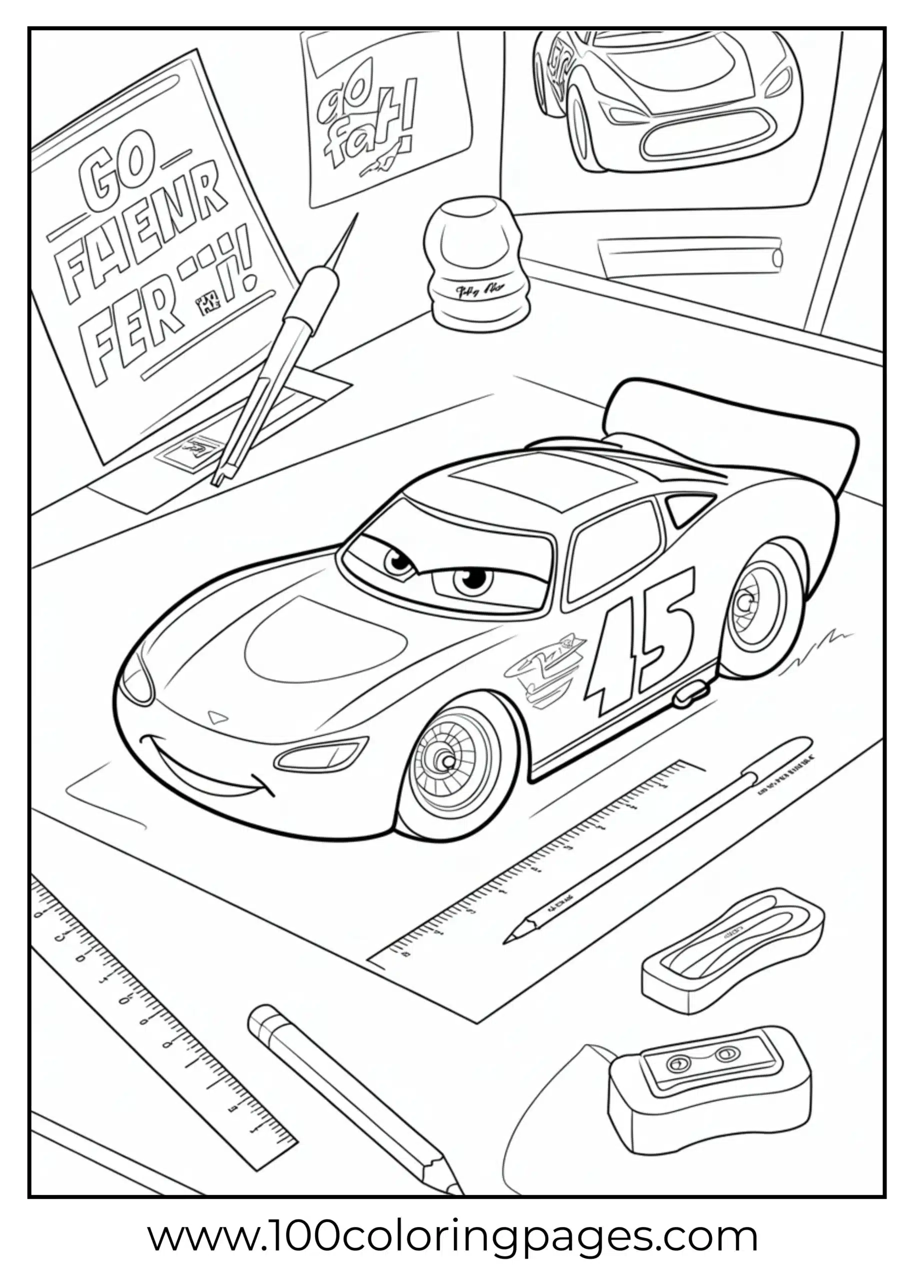 Lightning McQueen with blueprint and ruler coloring page