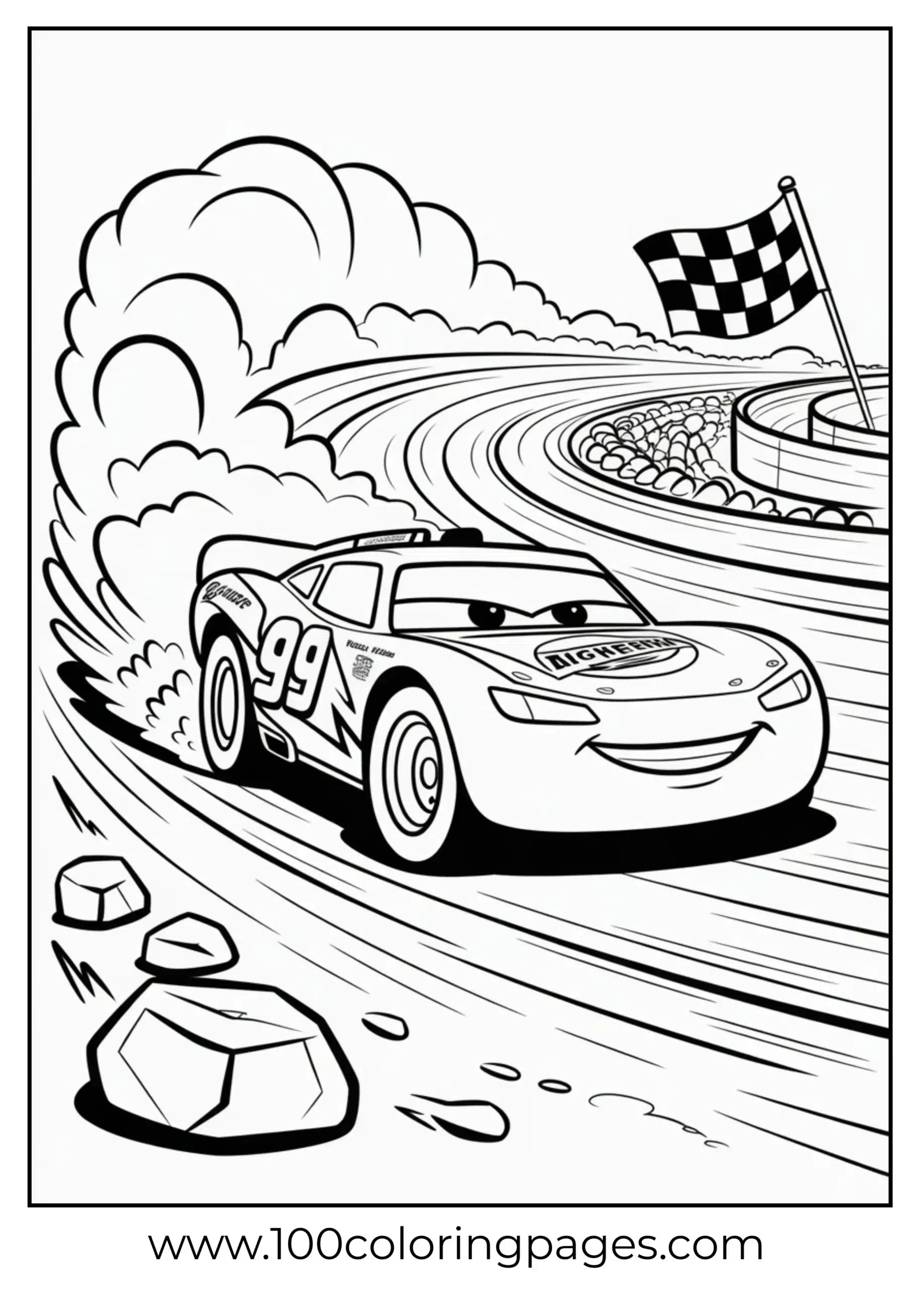 Lightning McQueen racing on dusty dirt track coloring page