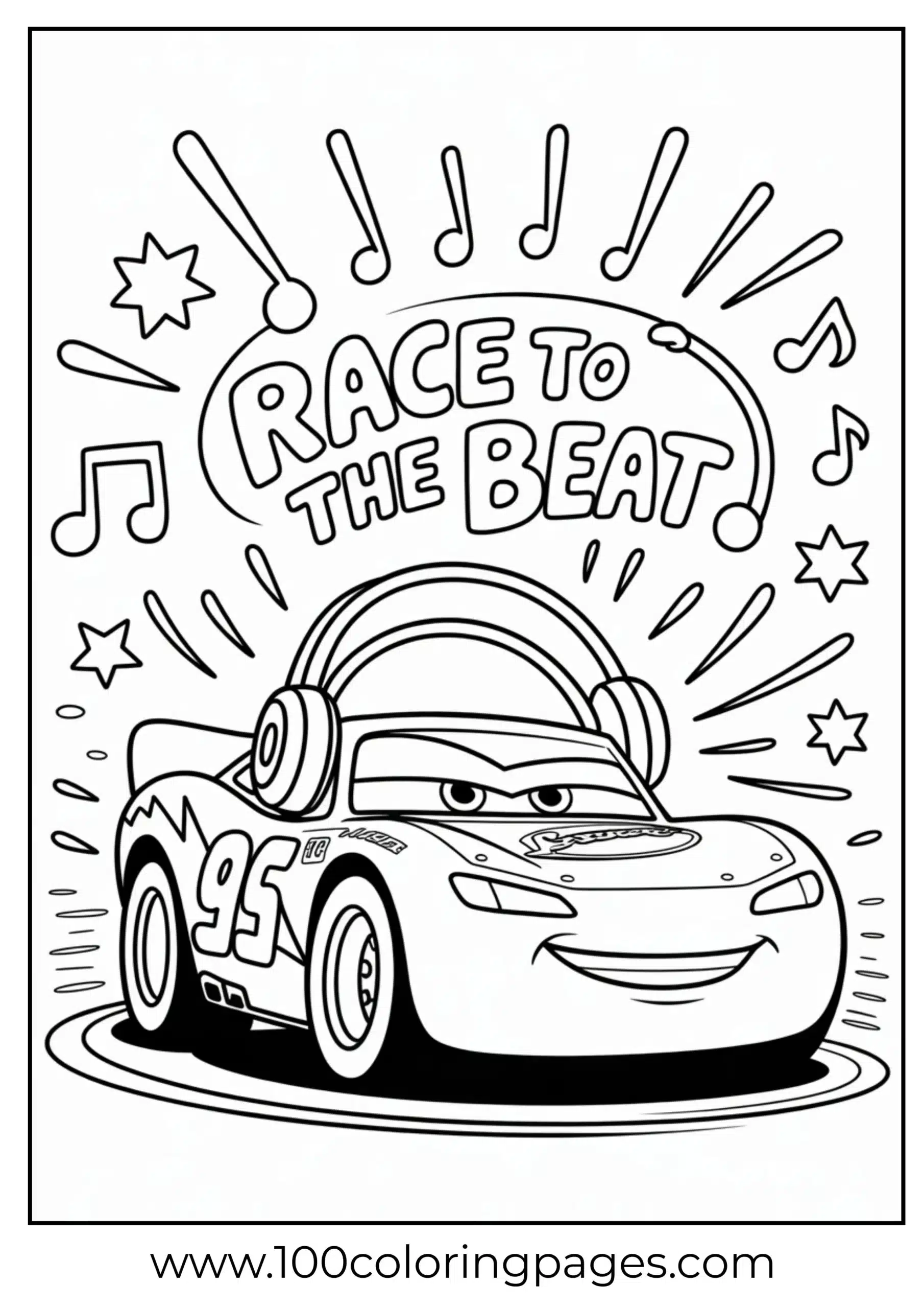 Lightning McQueen with headphones and music notes coloring page