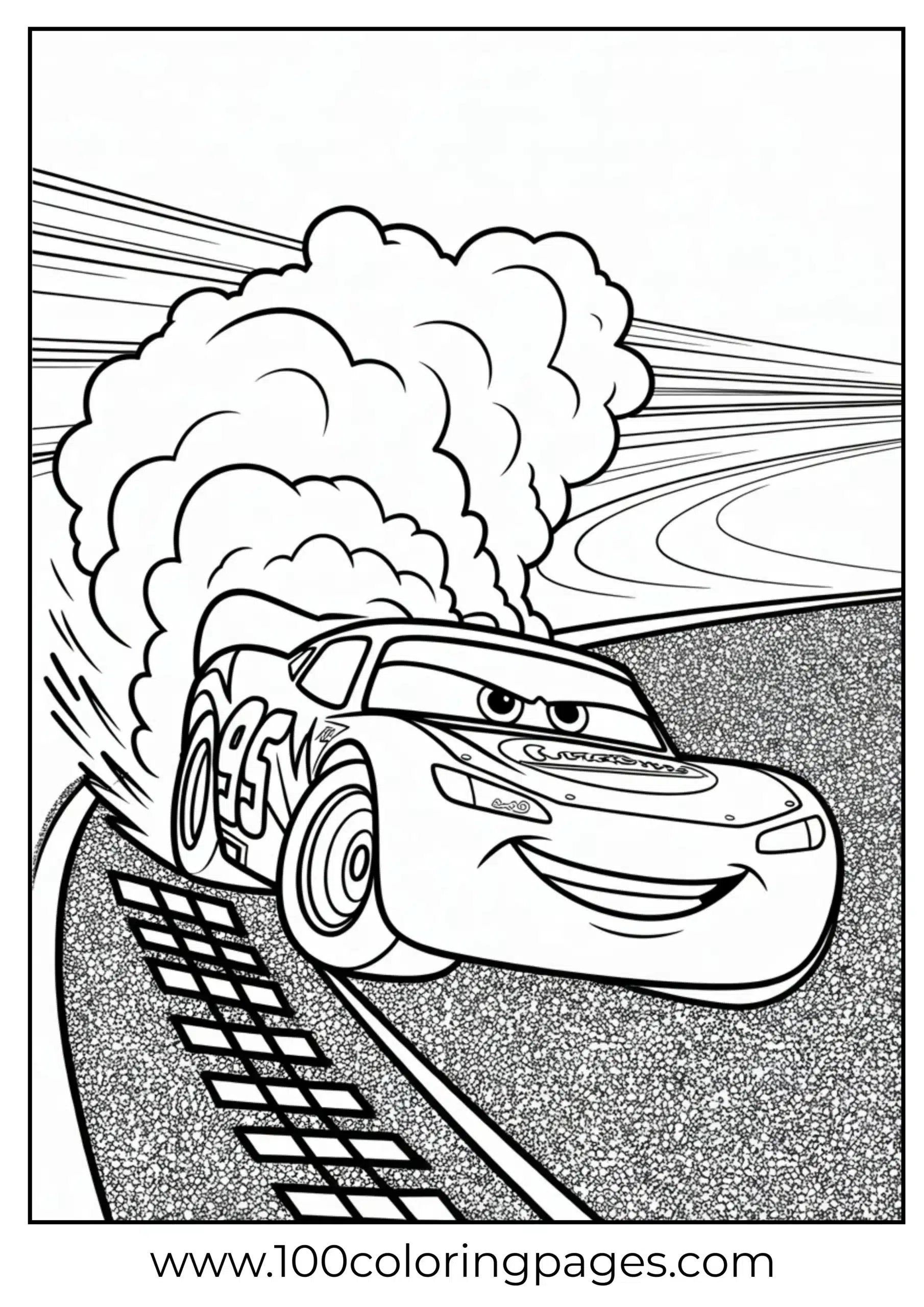Lightning McQueen spinning donuts with smoke coloring page