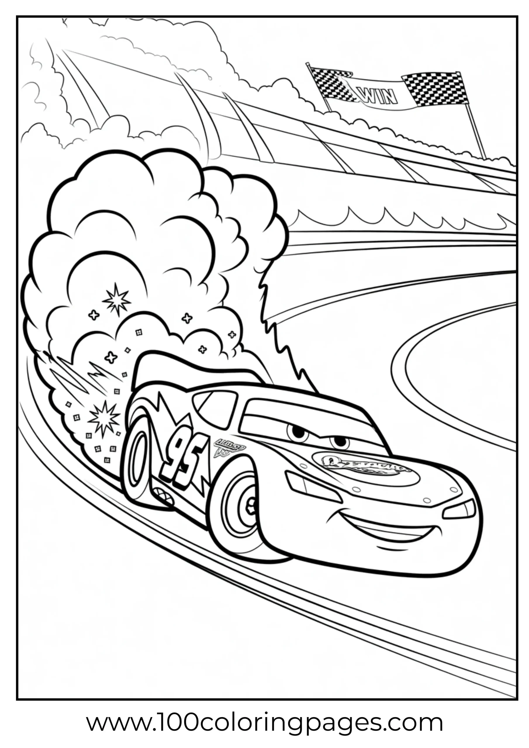 Lightning McQueen drifting with smoke and sparks coloring page