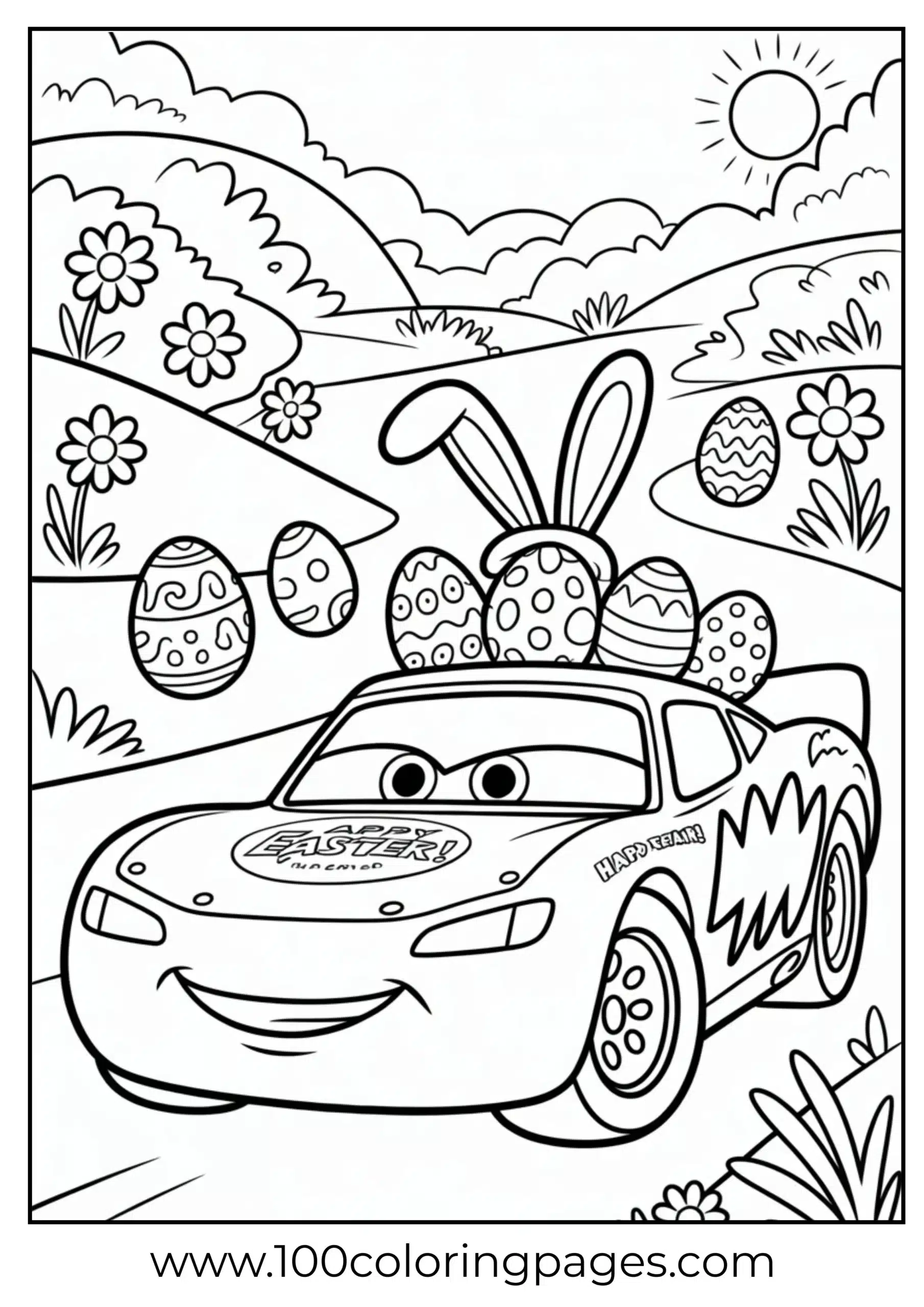 Lightning McQueen with Easter eggs and bunny ears coloring page
