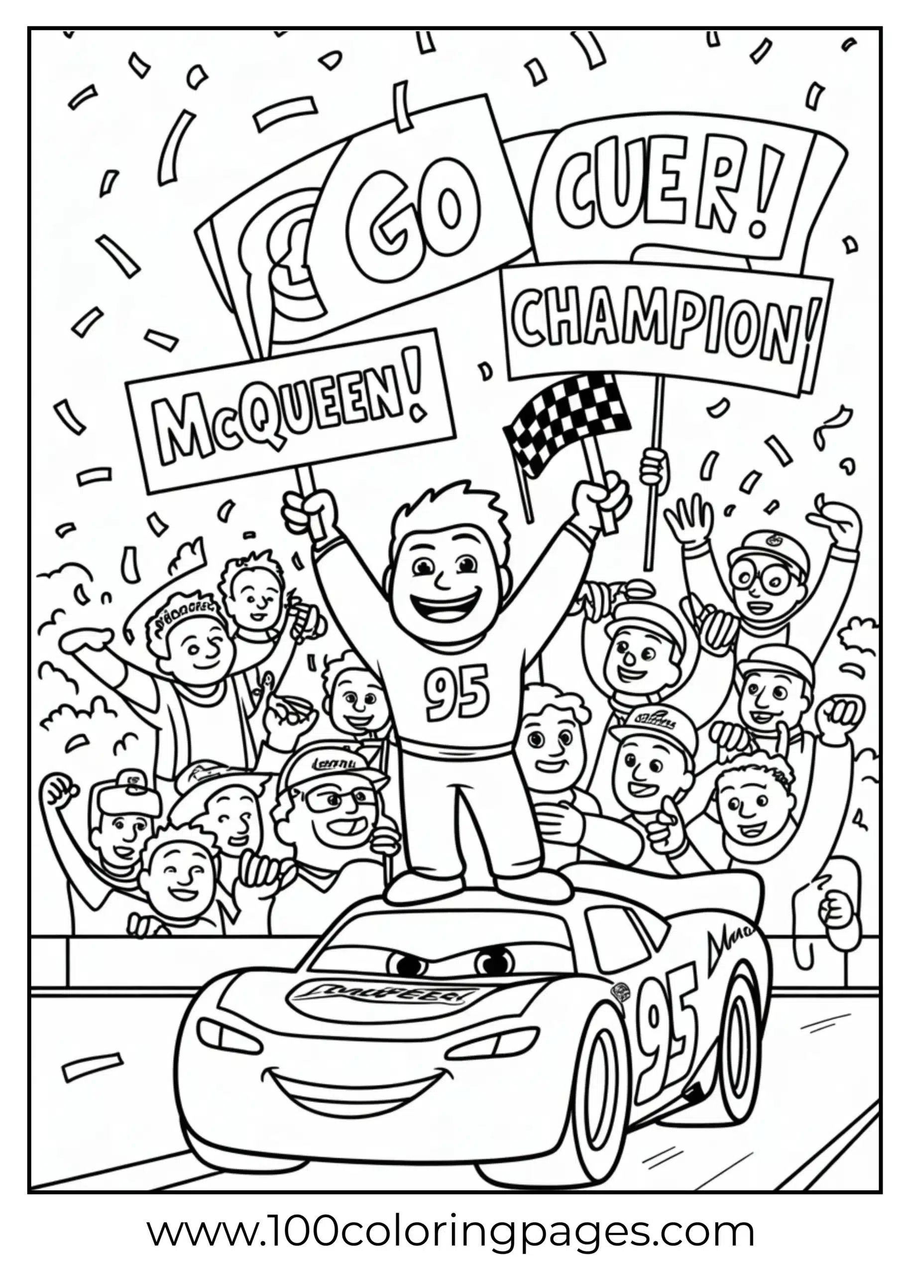 Lightning McQueen with cheering fans and signs coloring page