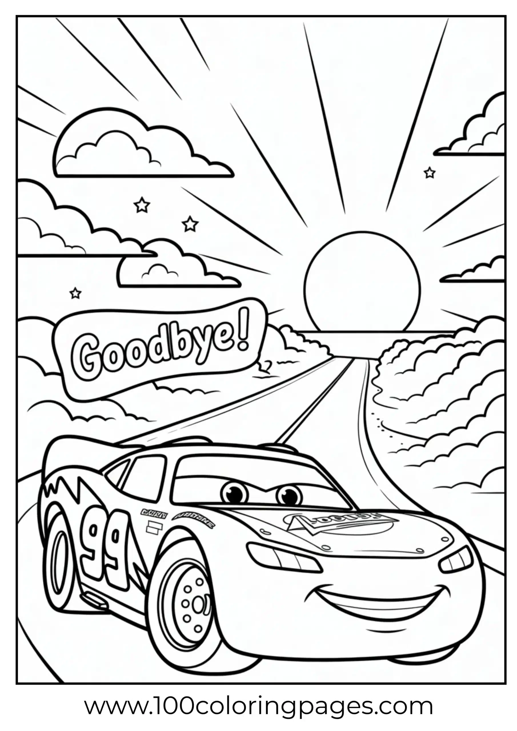 Lightning McQueen waving with sunset road coloring page