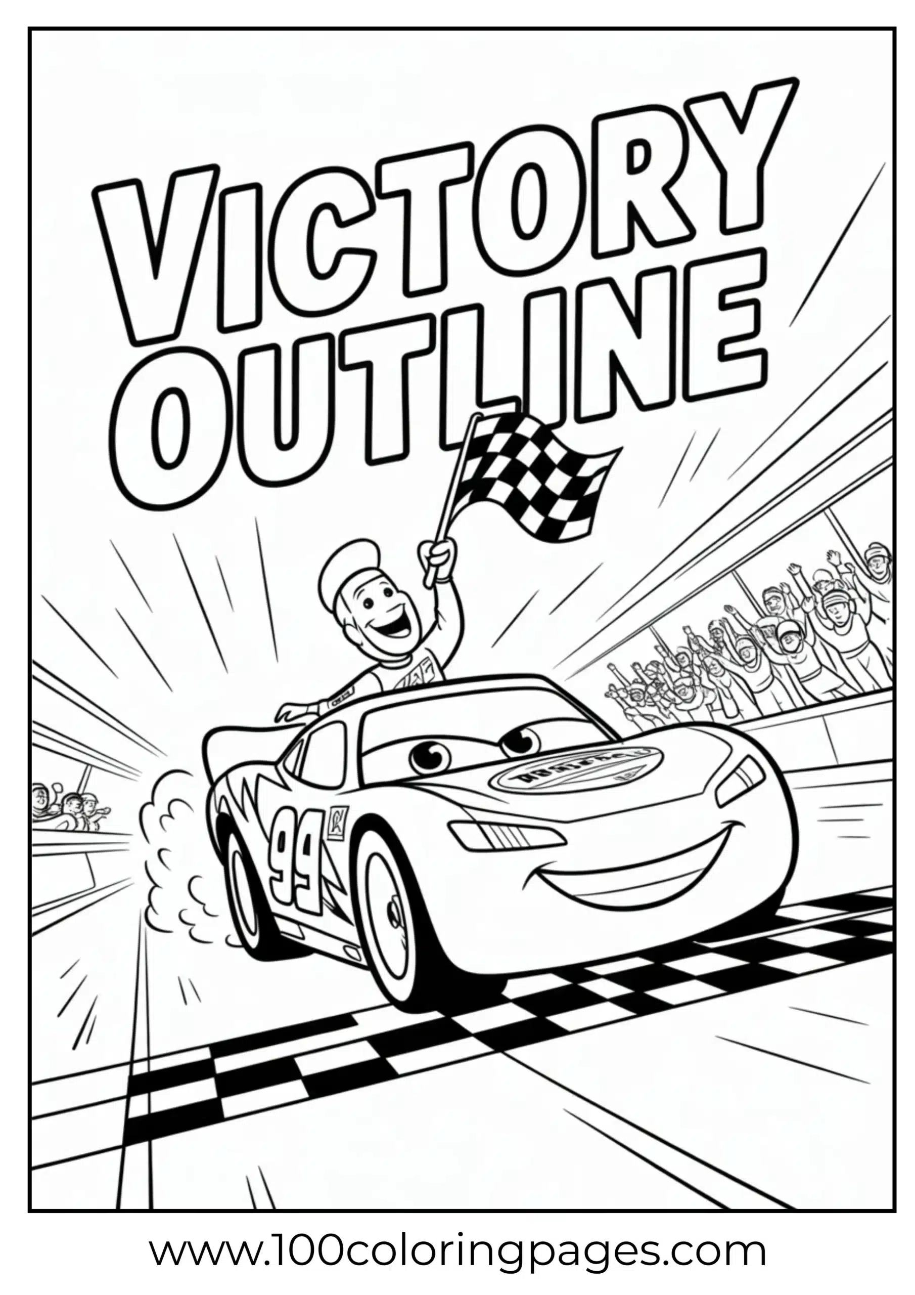 Lightning McQueen crossing finish line with checkered flag coloring page
