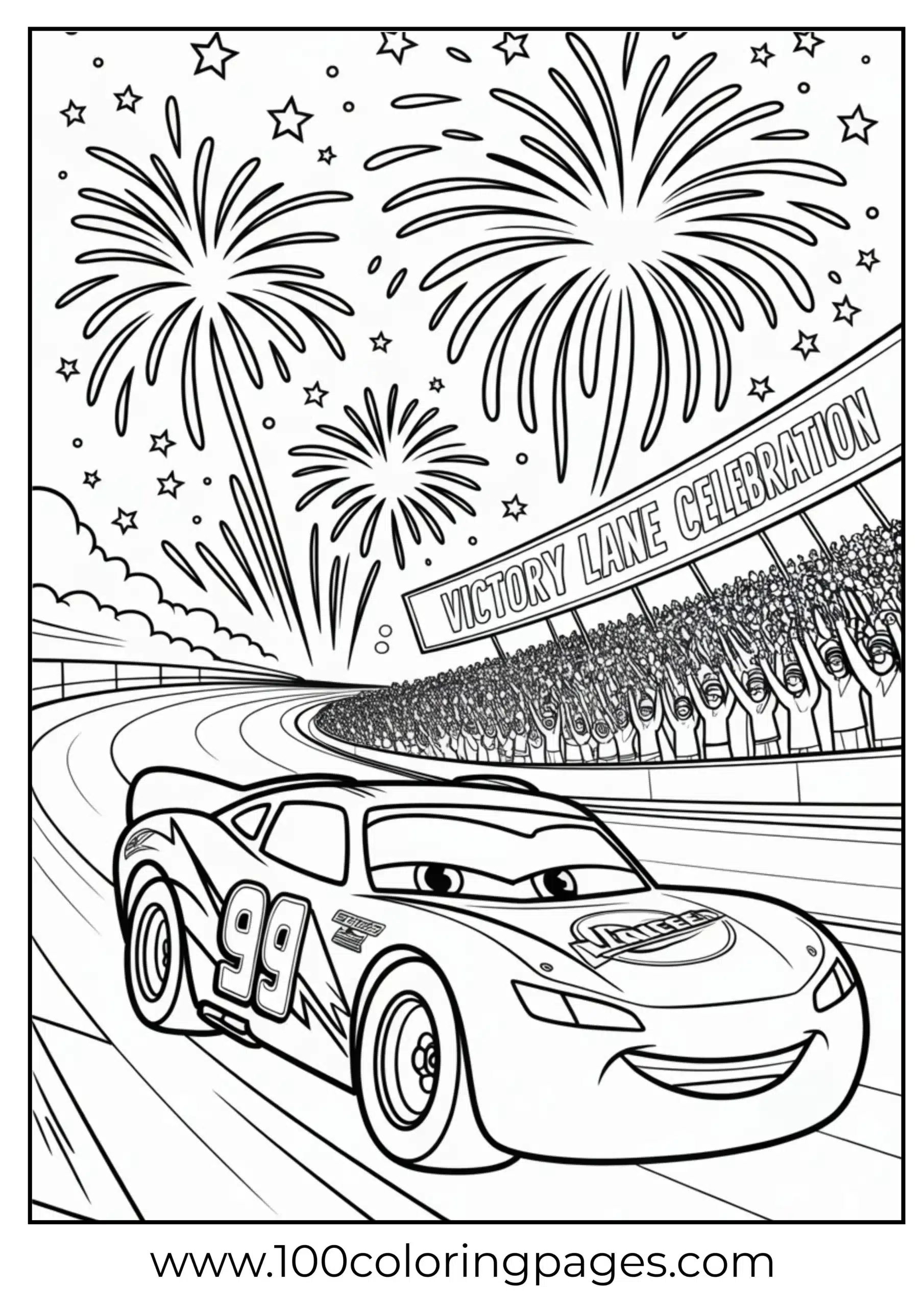 Lightning McQueen under fireworks sky coloring page