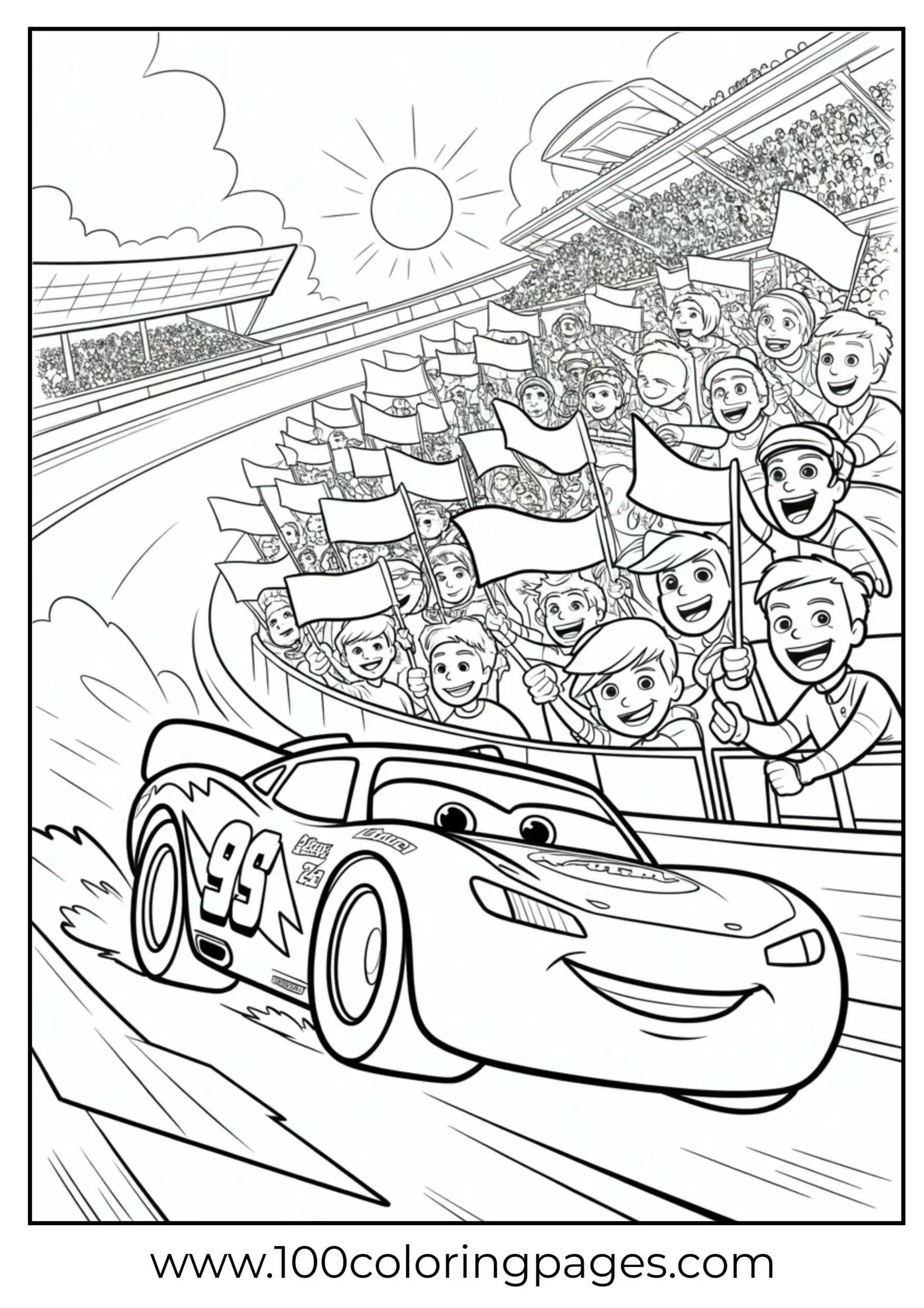 Lightning McQueen with waving fans and flags coloring page