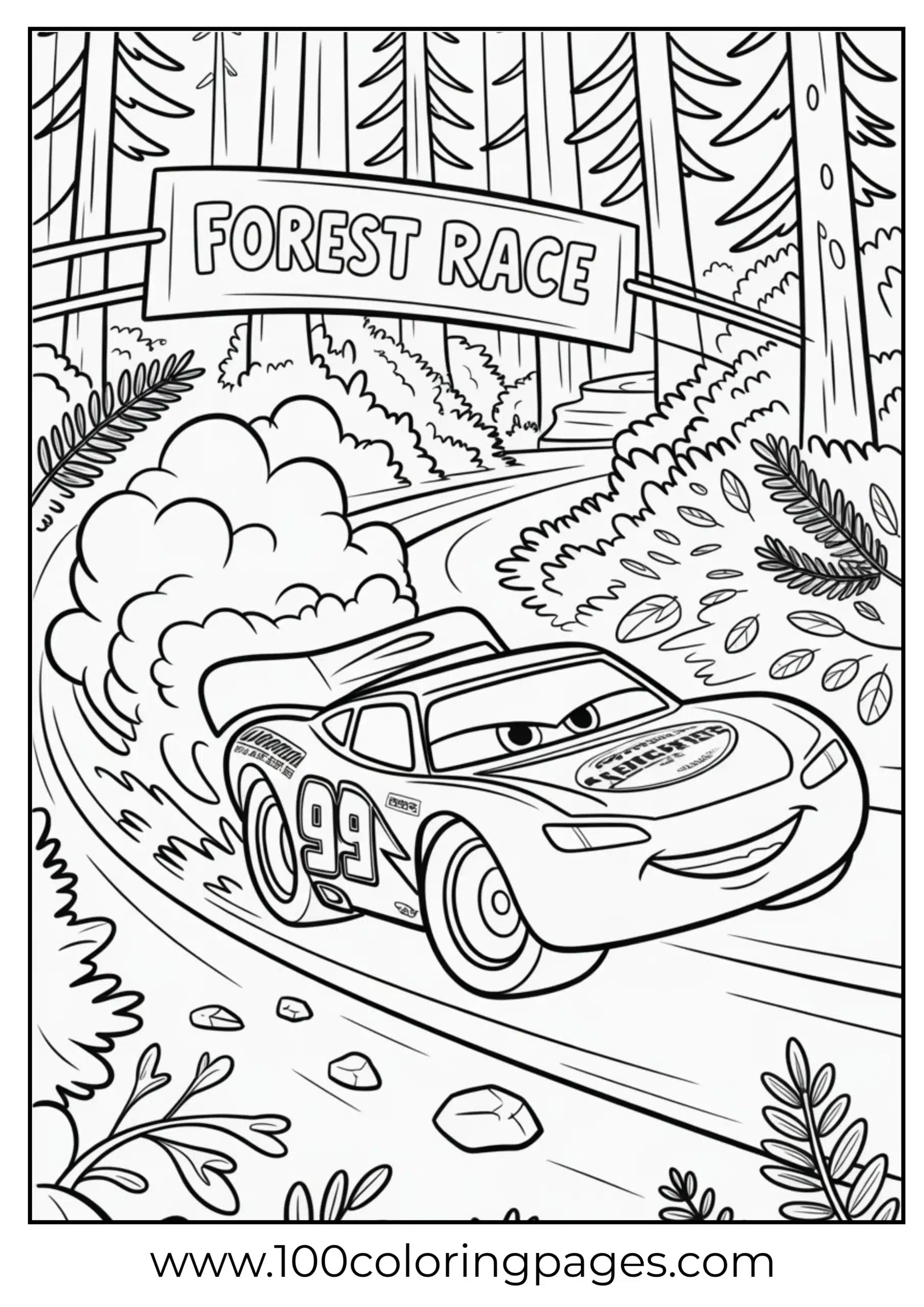 Lightning McQueen on leafy forest trail coloring page
