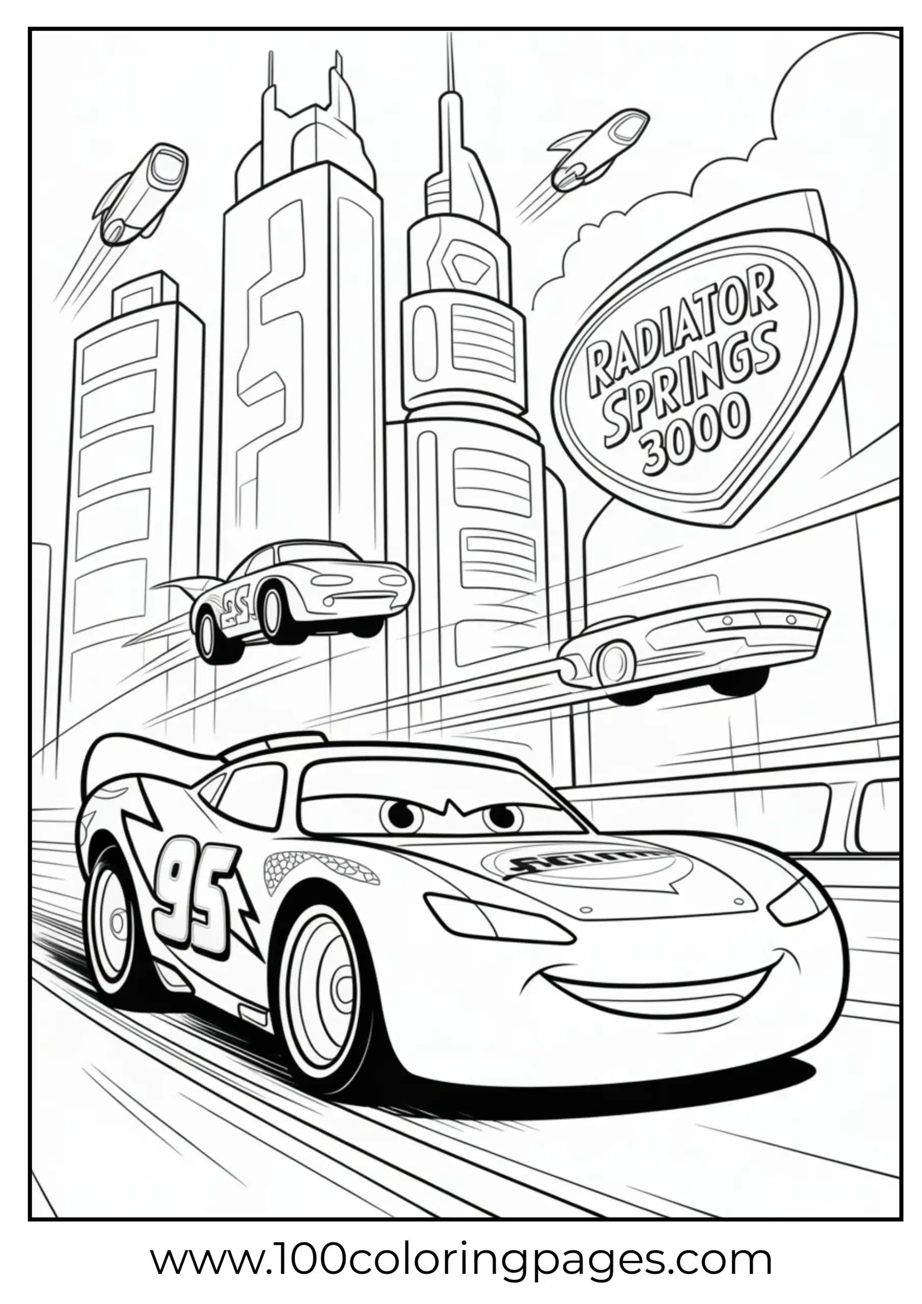 Lightning McQueen in futuristic city with hover wheels coloring page