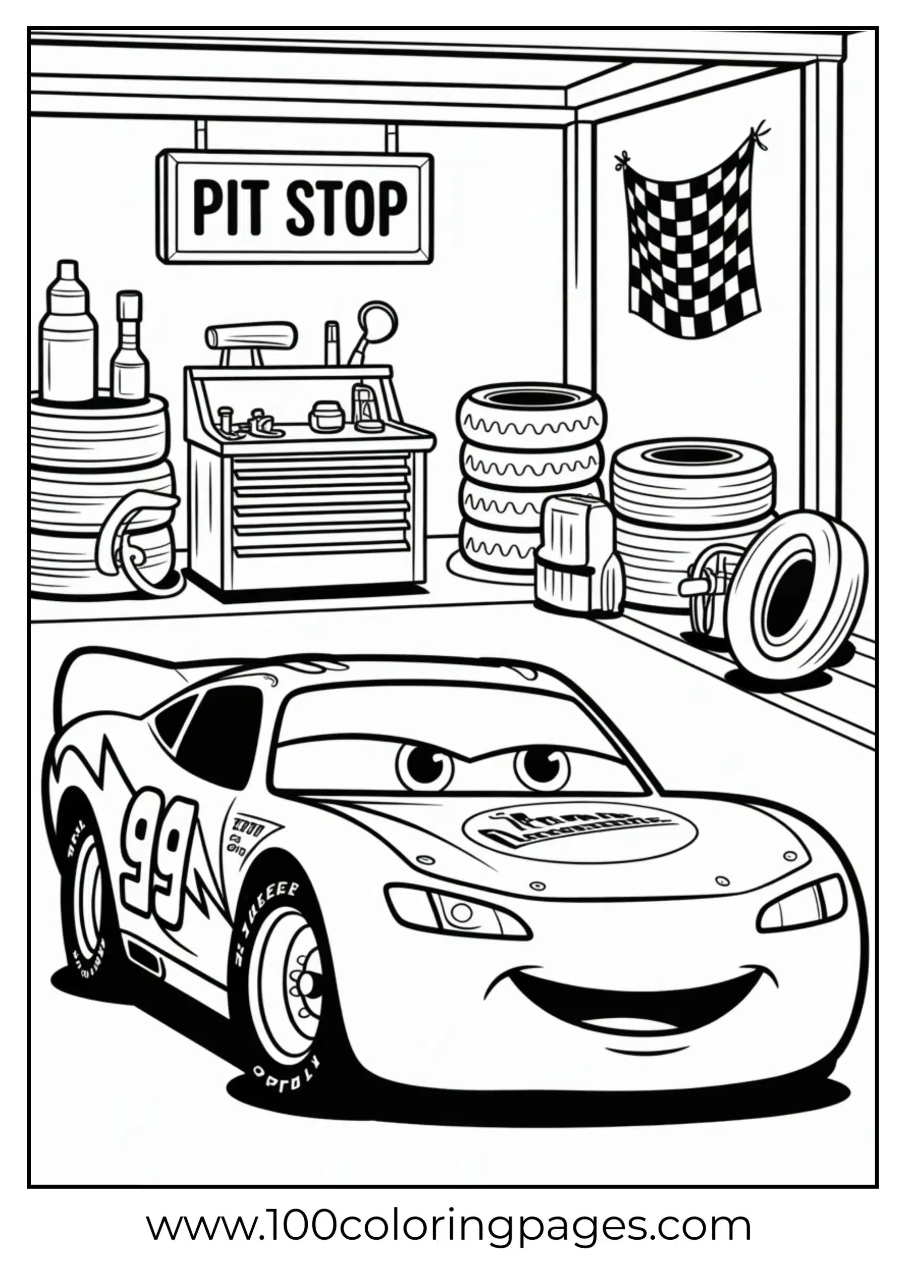 Lightning McQueen in garage with tools coloring page