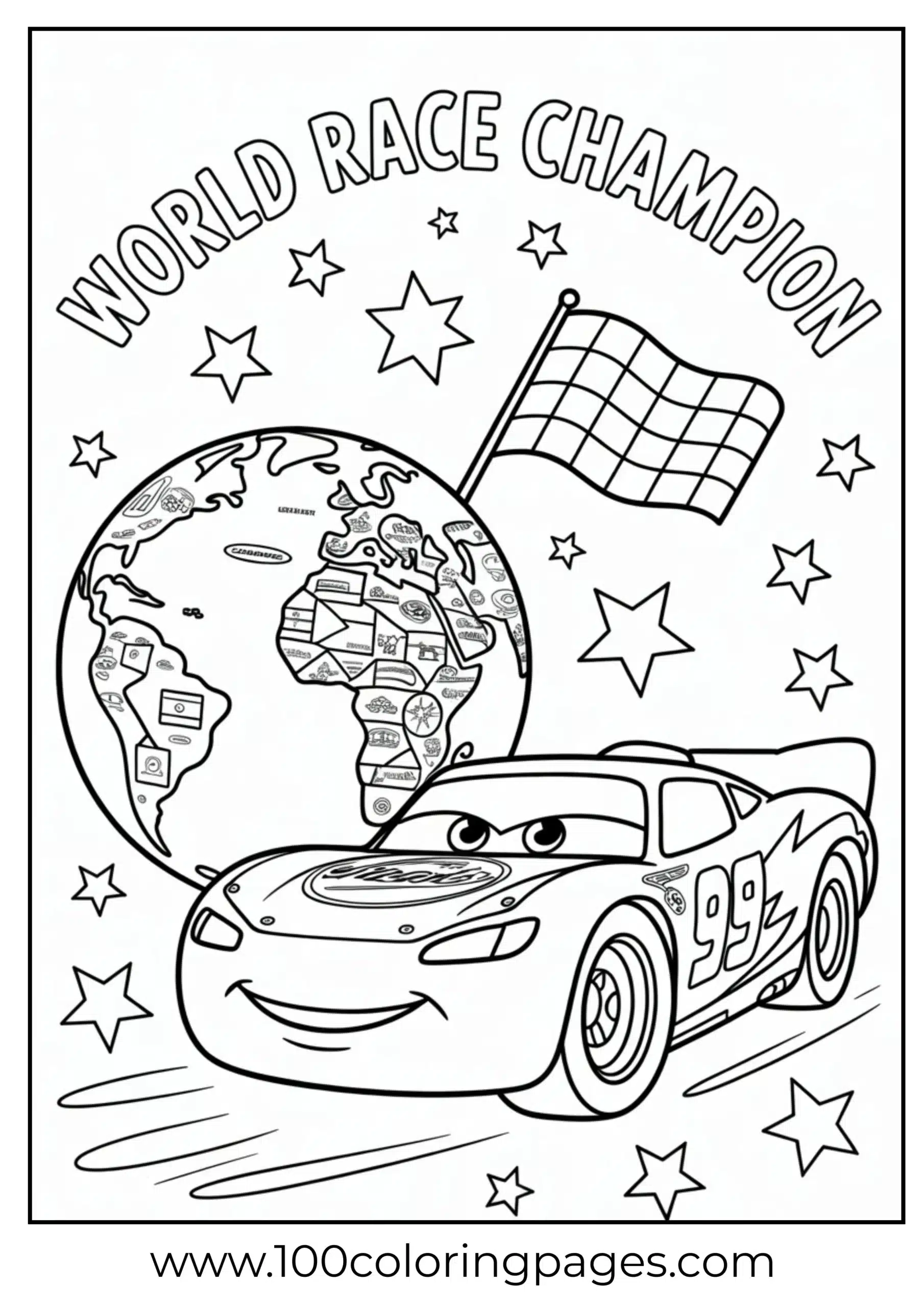 Lightning McQueen with globe and stars coloring page