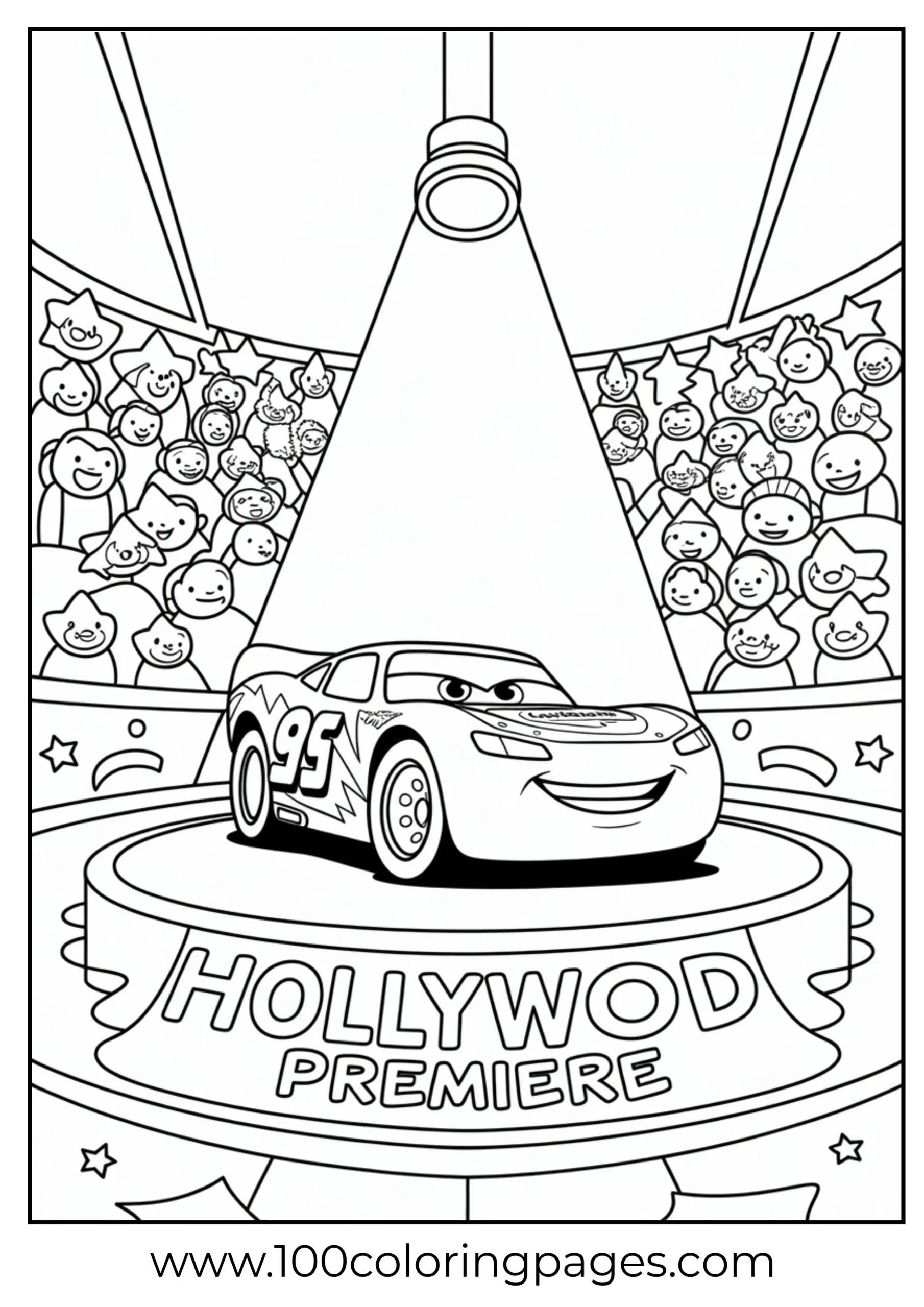 Lightning McQueen under spotlight in Hollywood scene coloring page