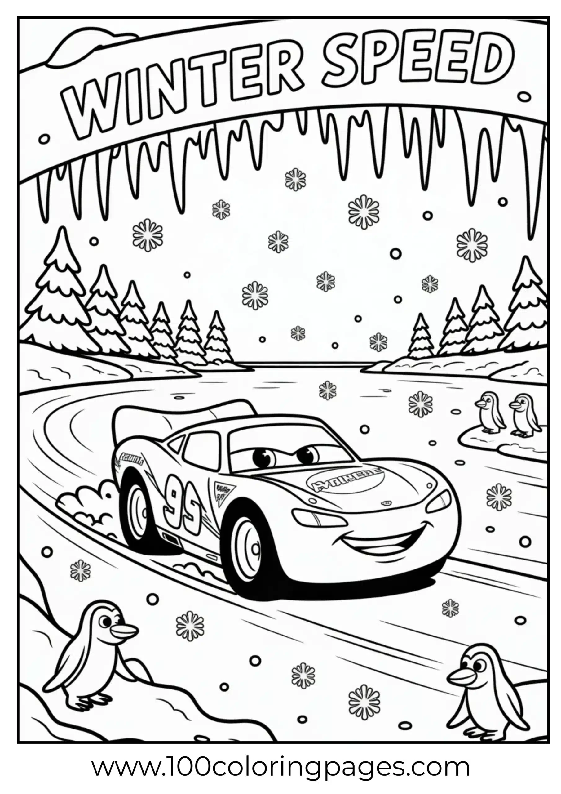Lightning McQueen on ice lake with snowflakes coloring page