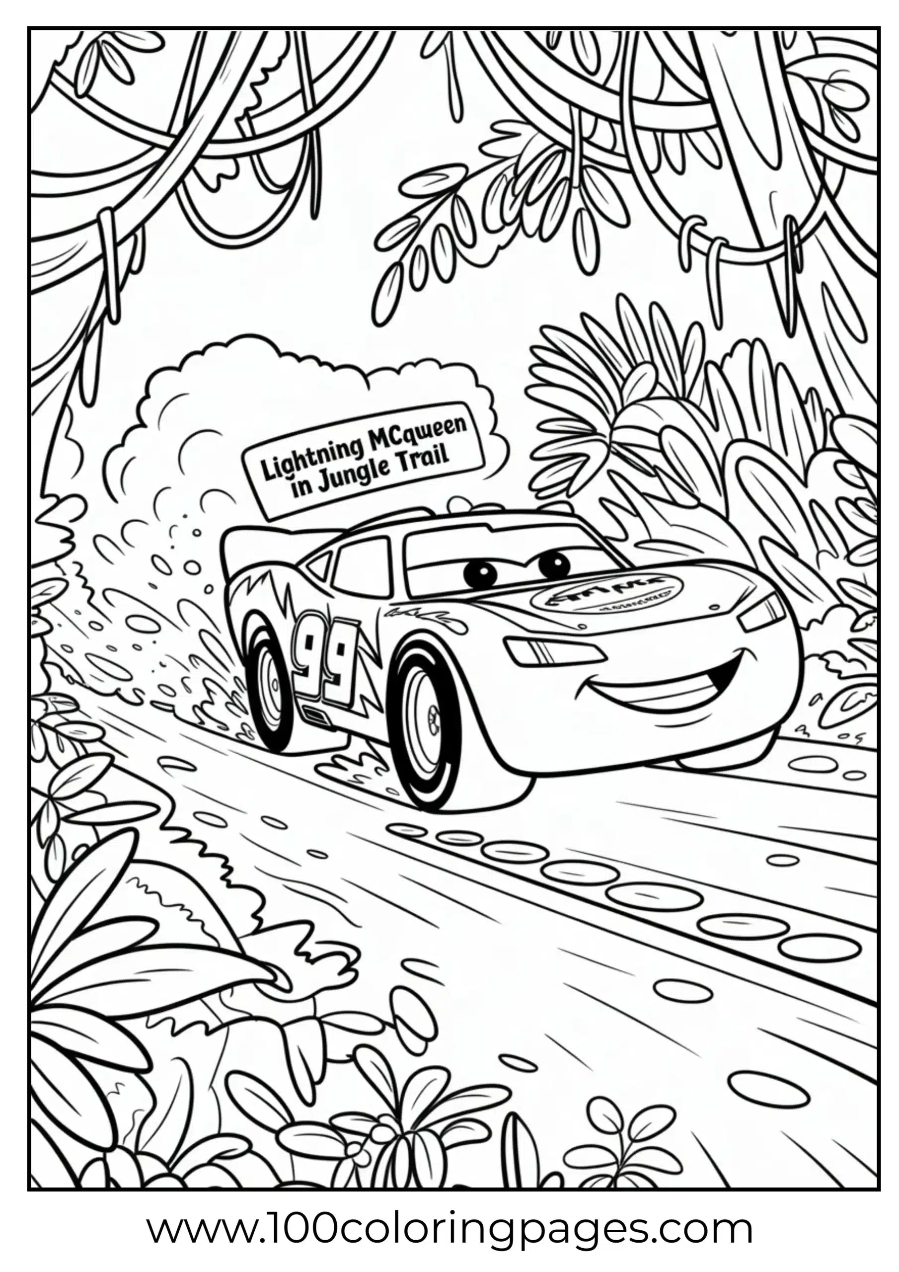 Lightning McQueen in jungle with vines and mud coloring page