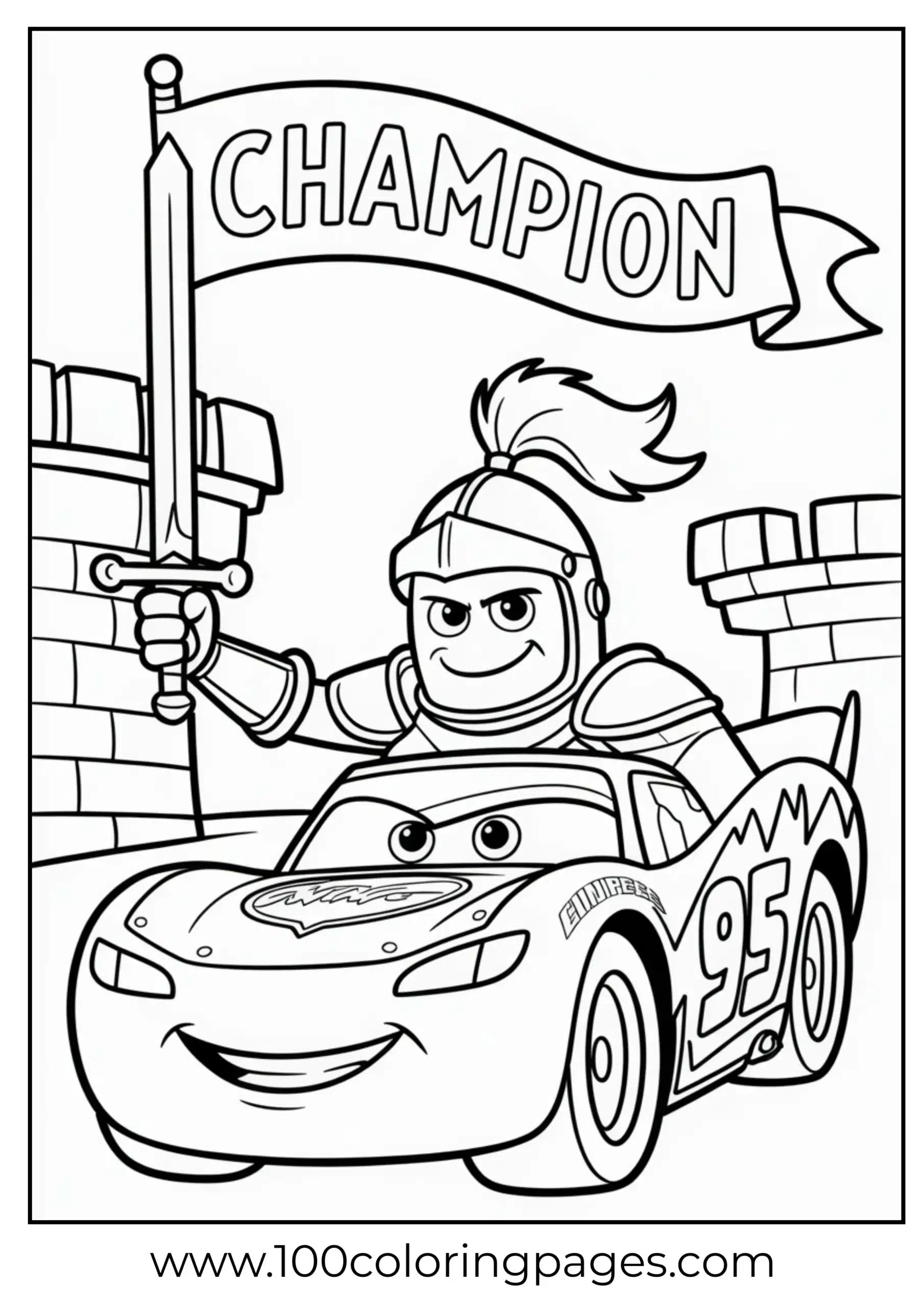 Lightning McQueen in knight costume with sword coloring page