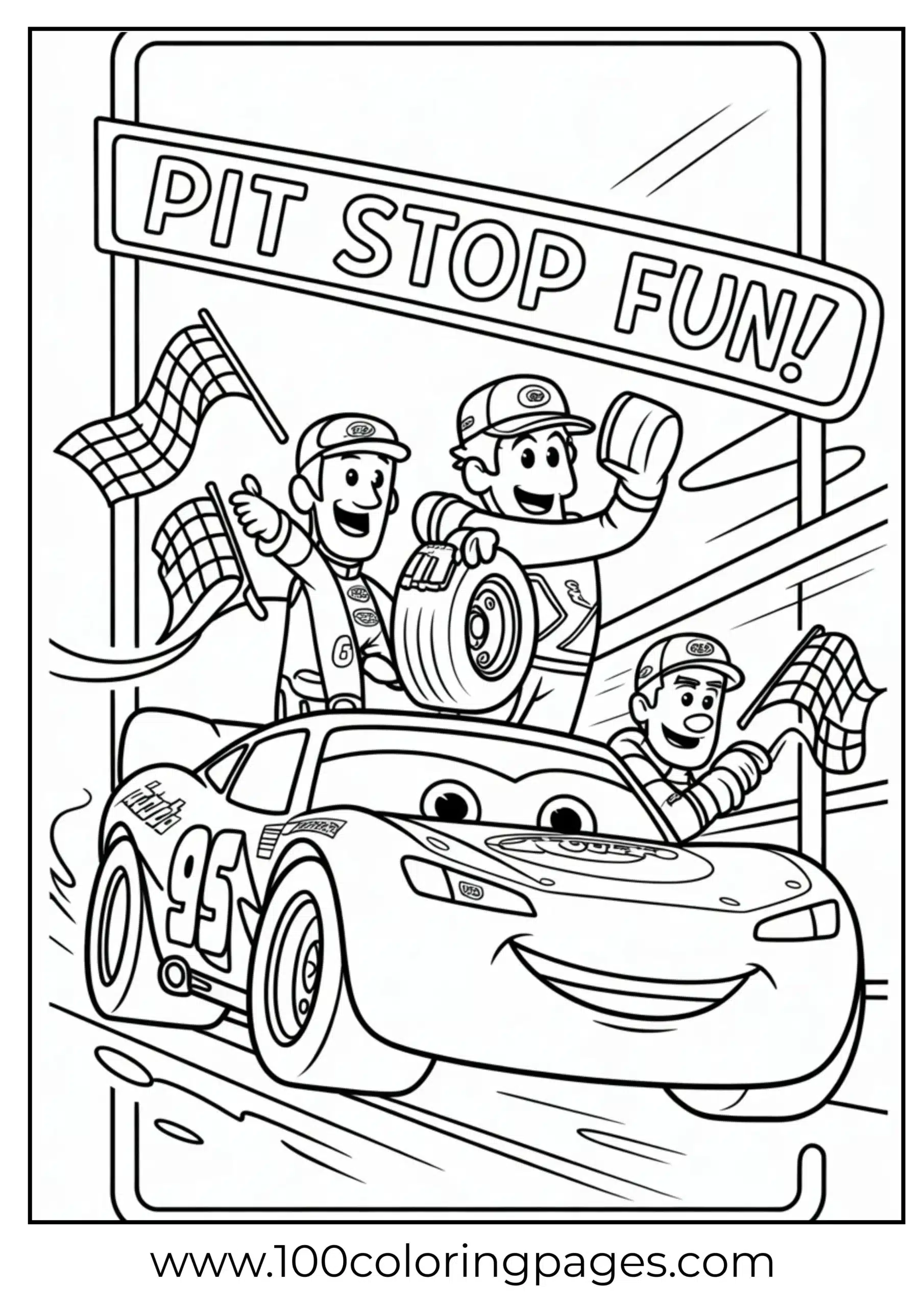 Lightning McQueen with Luigi and Guido pit stop coloring page