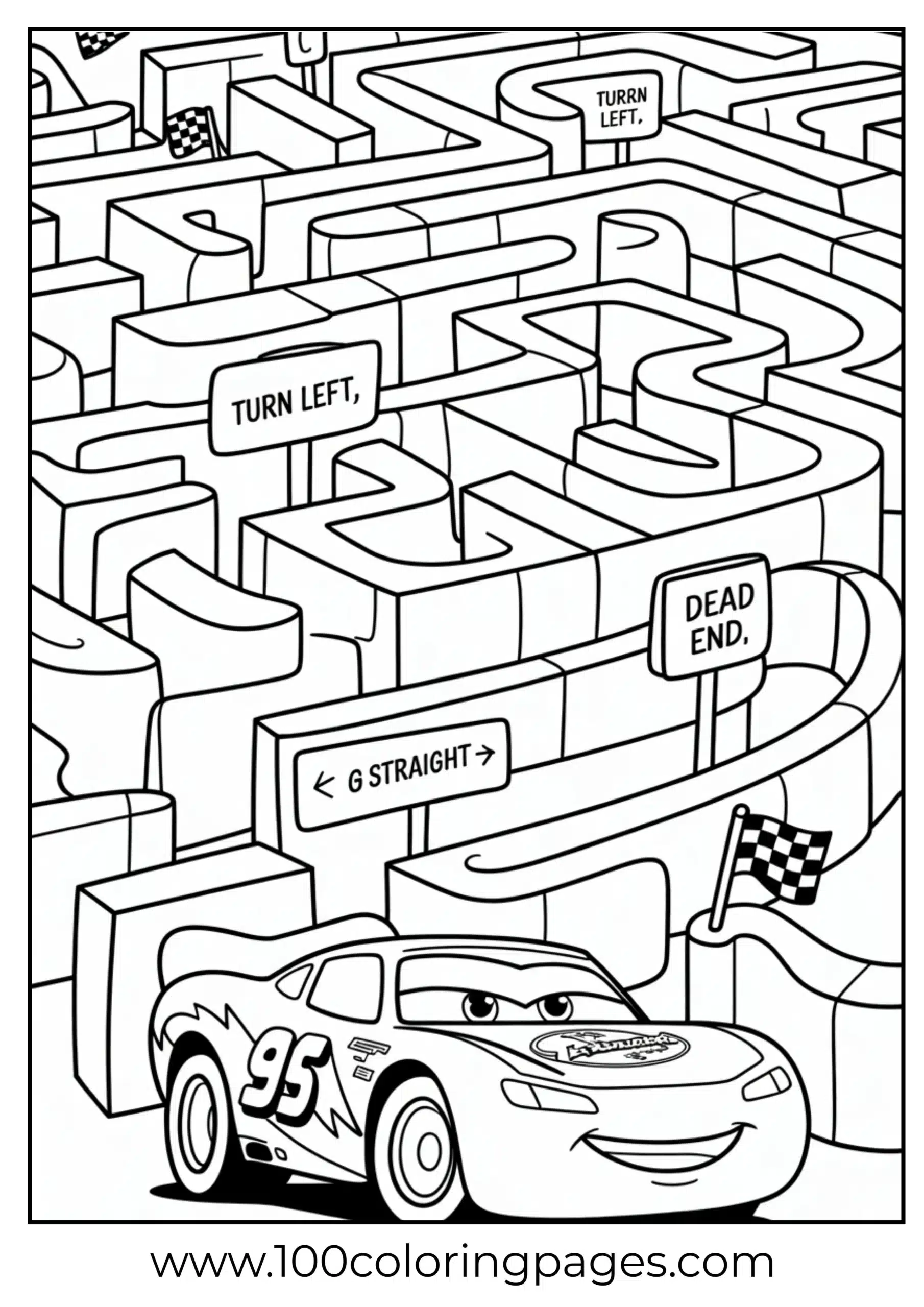 Lightning McQueen driving inside maze with signs coloring page