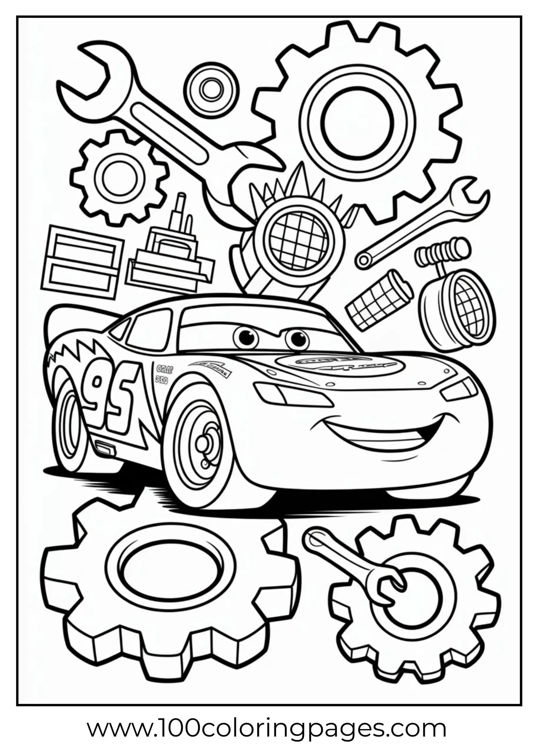 Lightning McQueen with gears and tools outline coloring page
