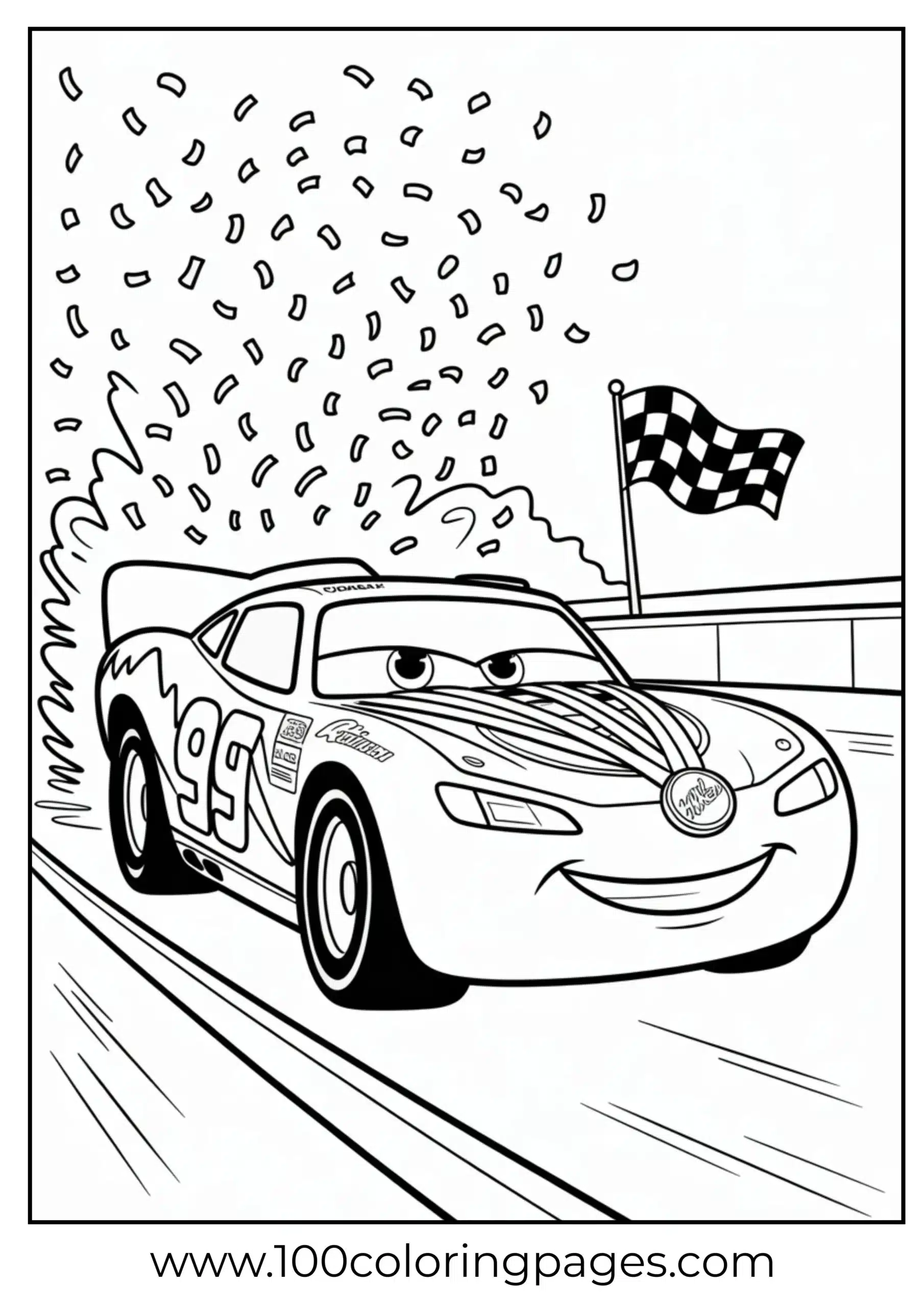 Lightning McQueen wearing medals and surrounded by confetti coloring page
