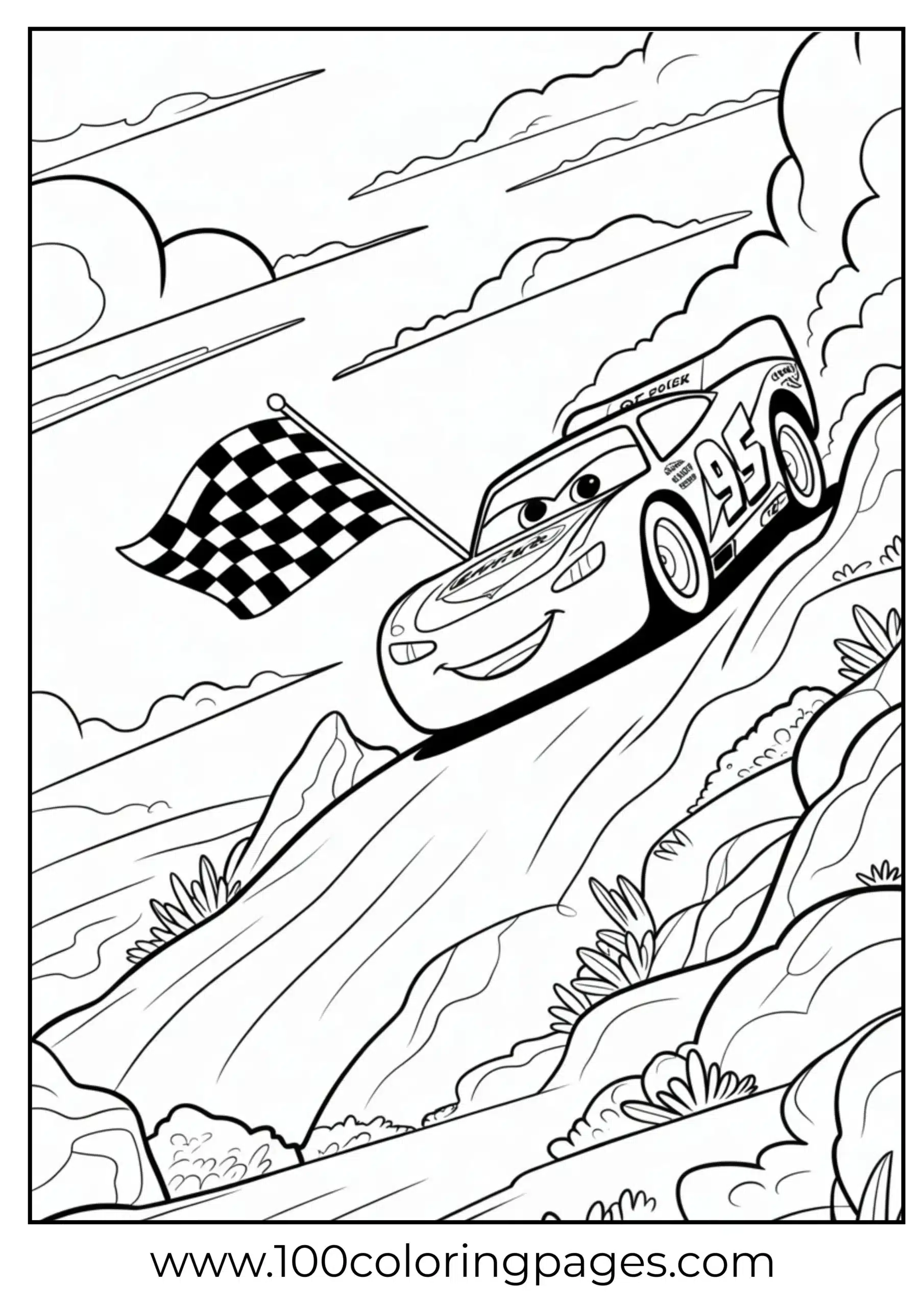 Lightning McQueen on mountain summit with flag coloring page