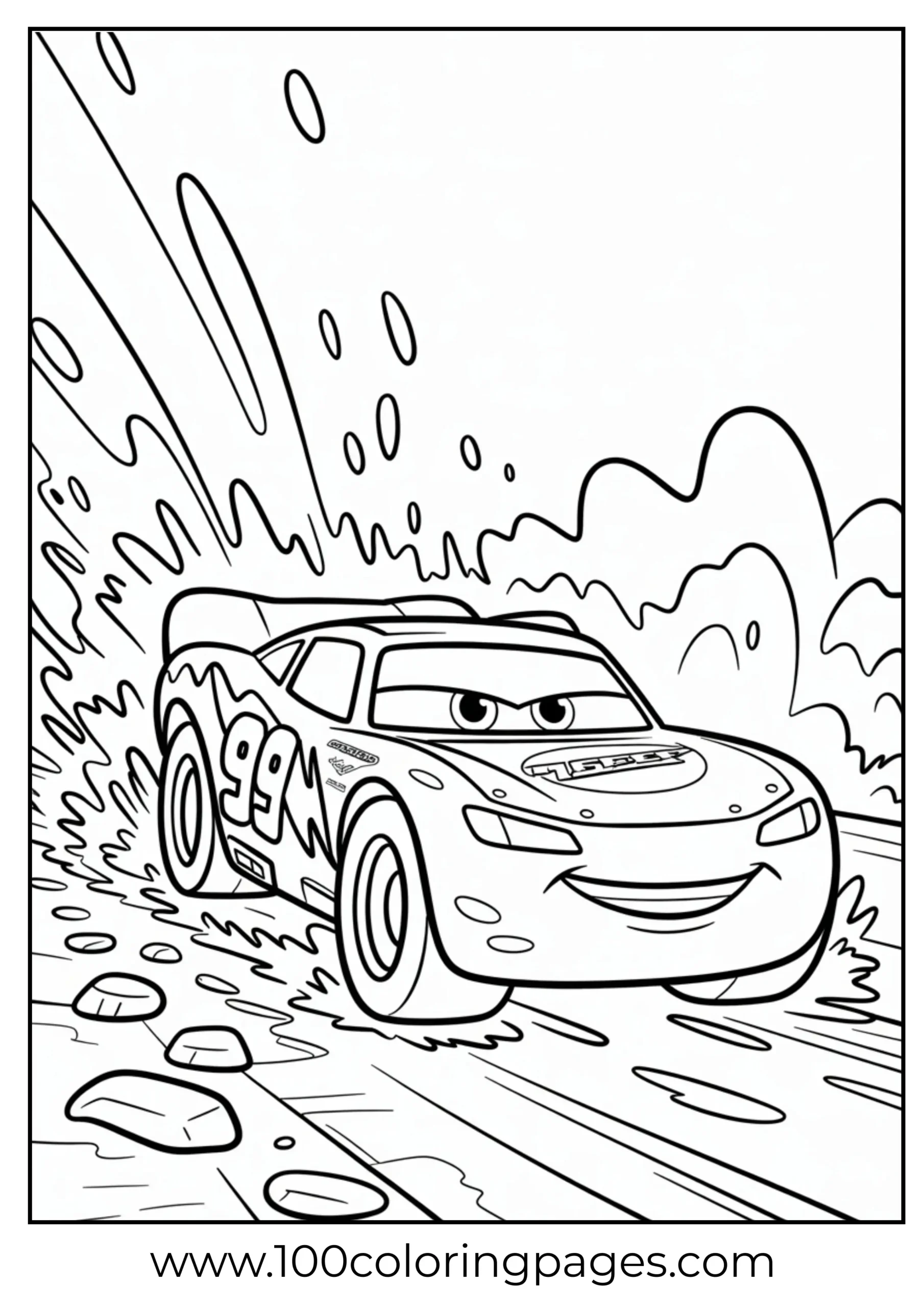 Lightning McQueen in mud with splashes coloring page