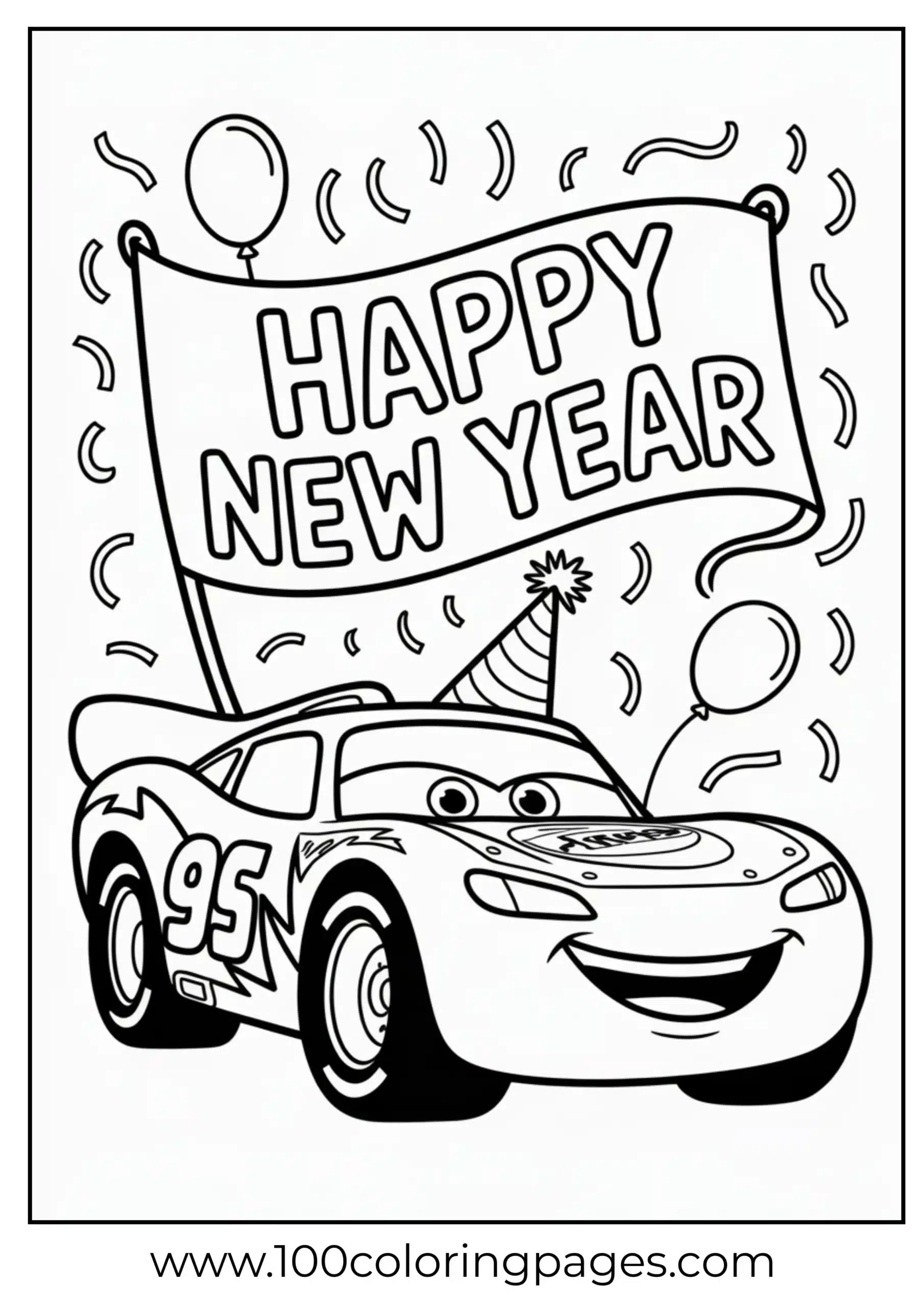 Lightning McQueen celebrating New Year with horn and banner coloring page