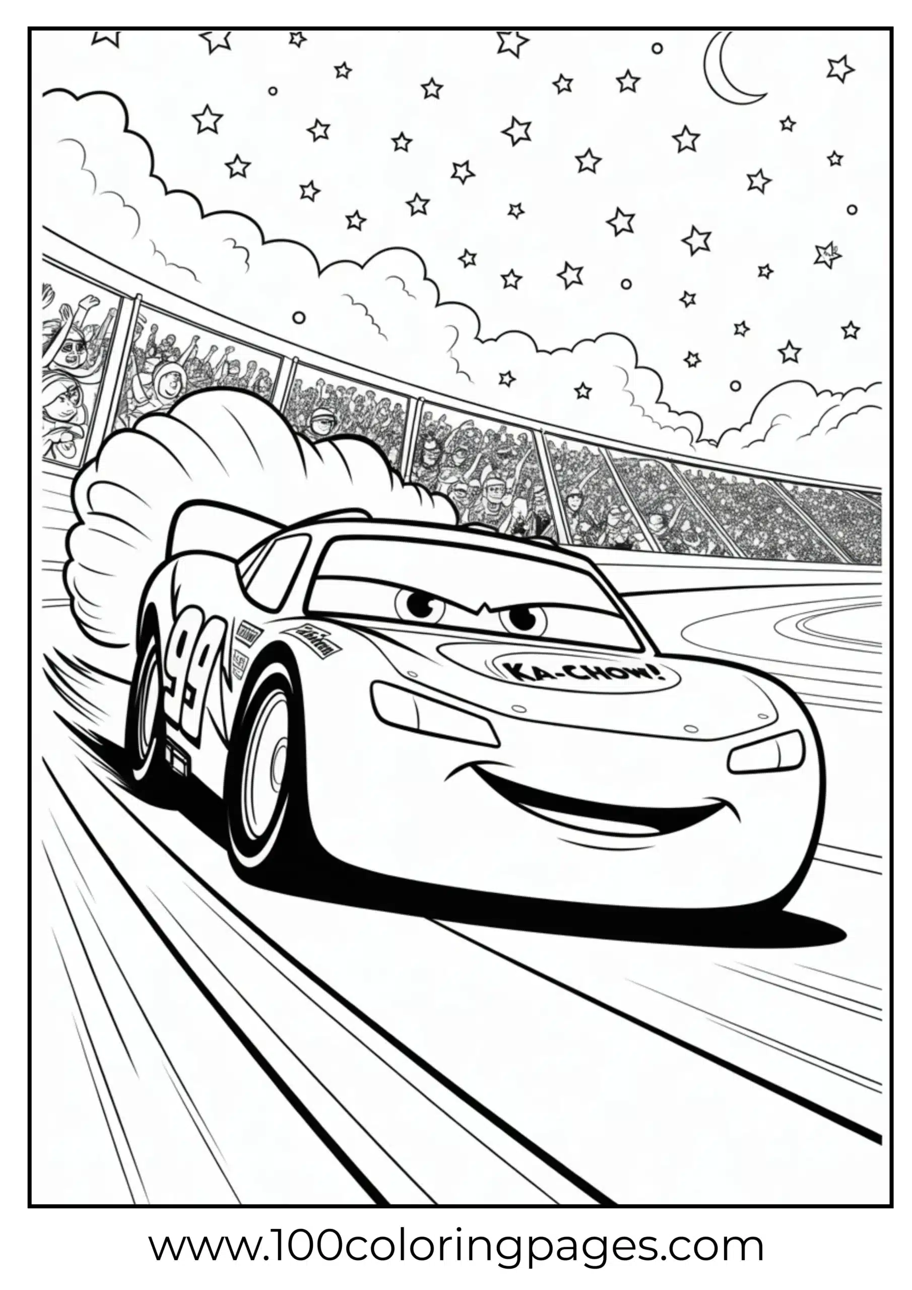 Lightning McQueen night racing with headlights and stars coloring page