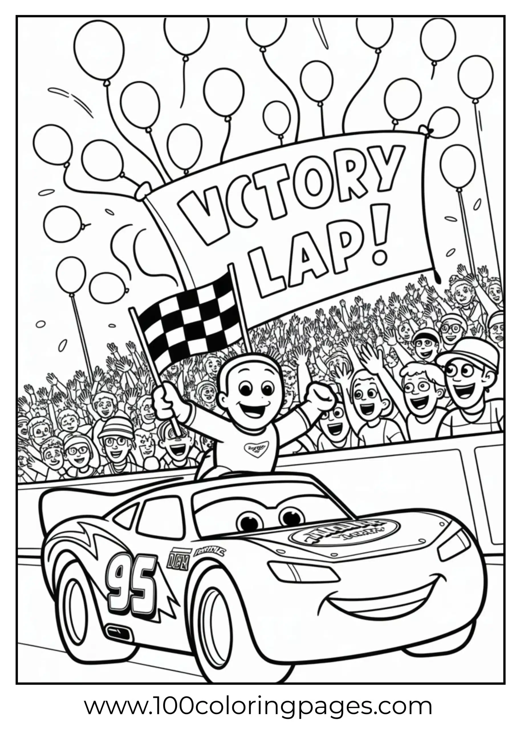 Lightning McQueen waving flag in parade with crowd coloring page