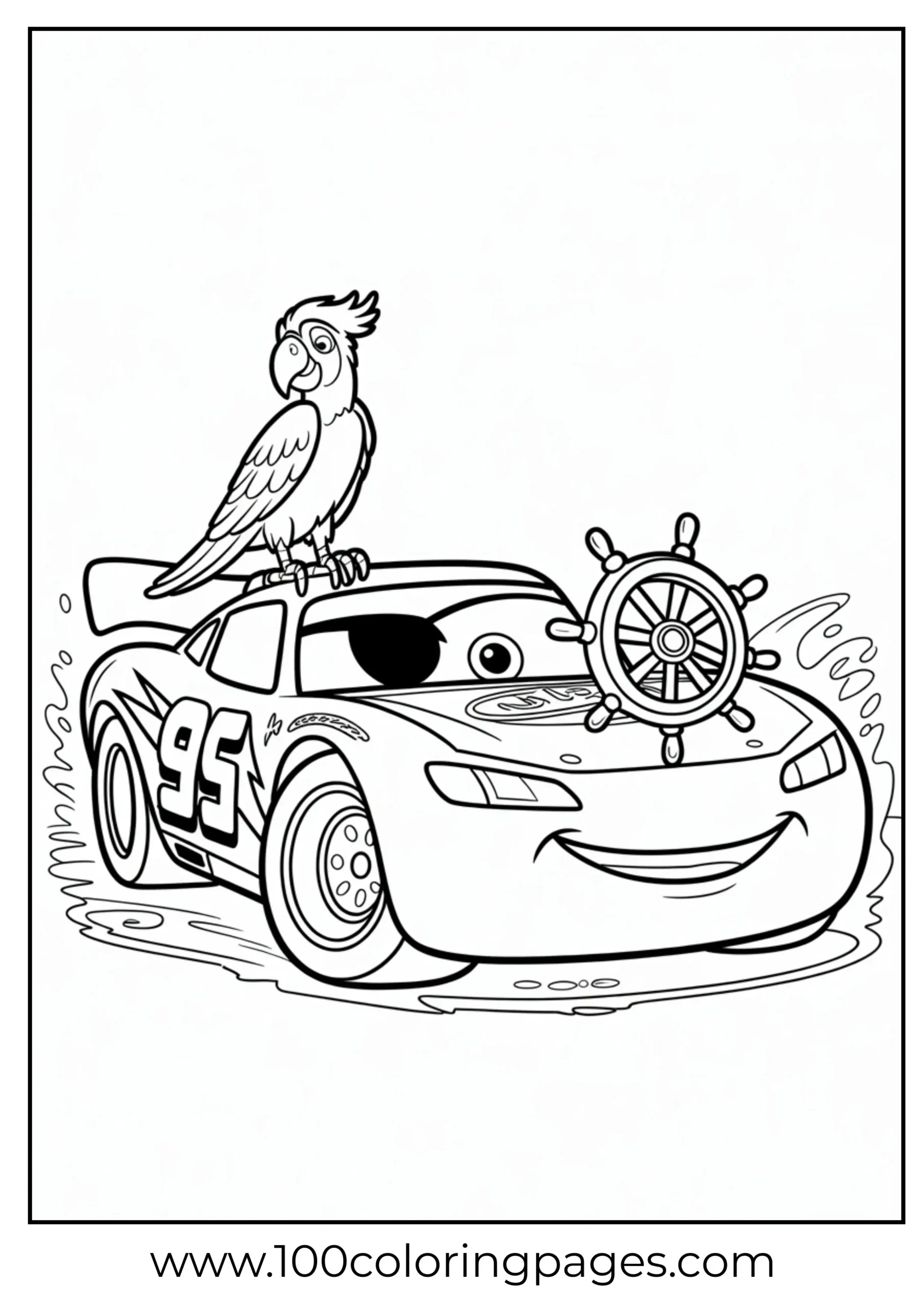 Lightning McQueen in pirate outfit with parrot coloring page