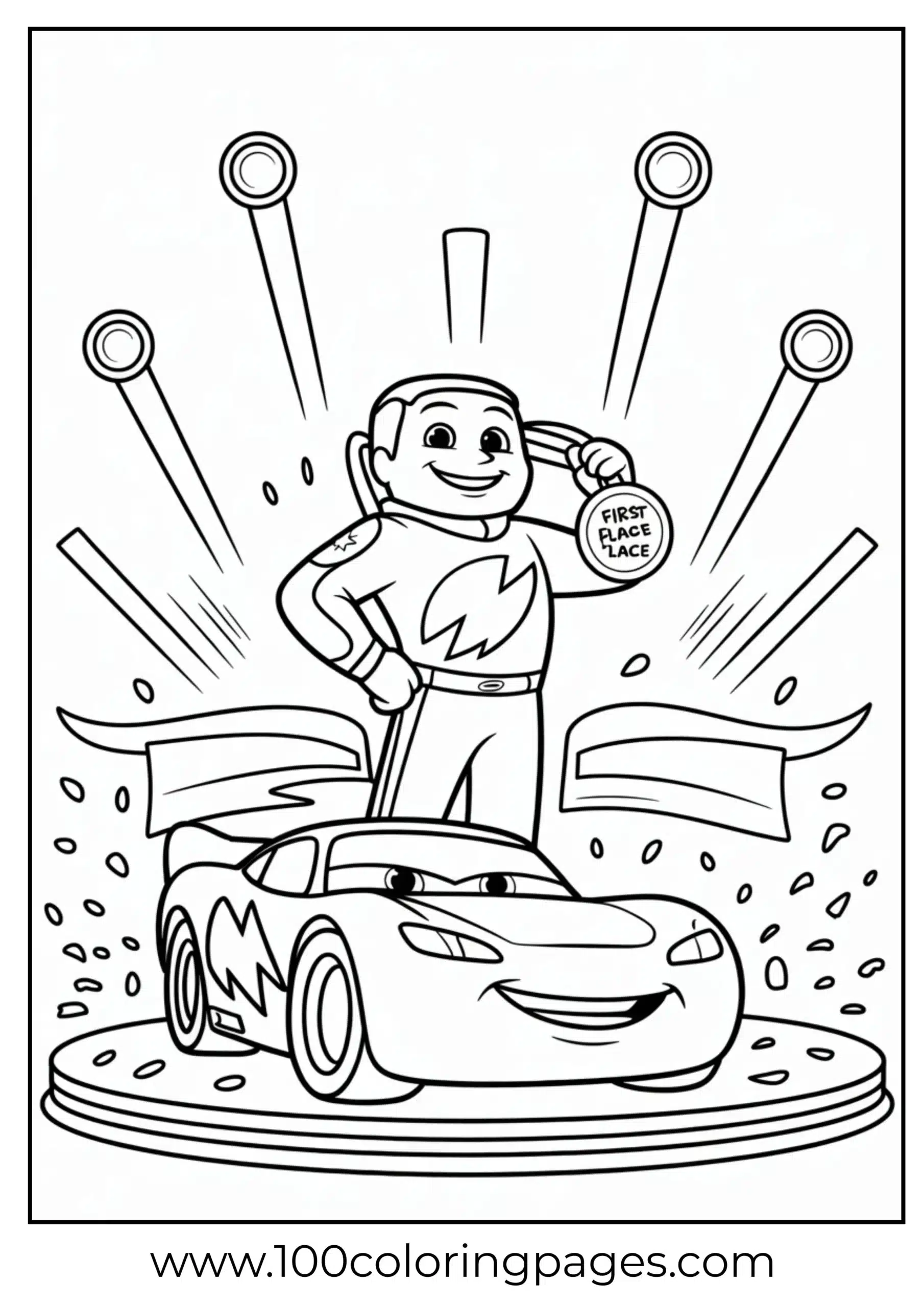 Lightning McQueen on winner podium with medal coloring page