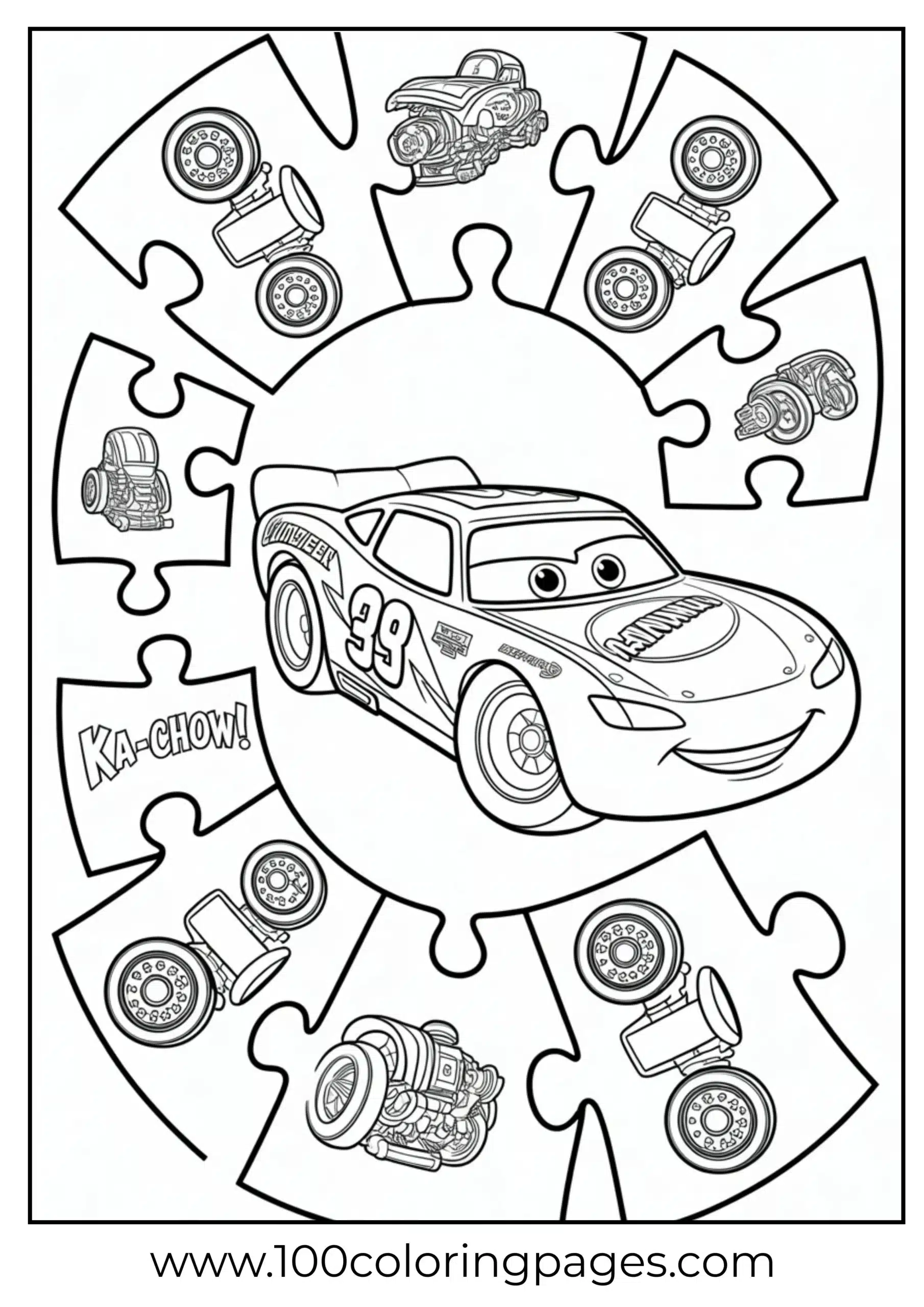Lightning McQueen with puzzle of car parts and logos coloring page