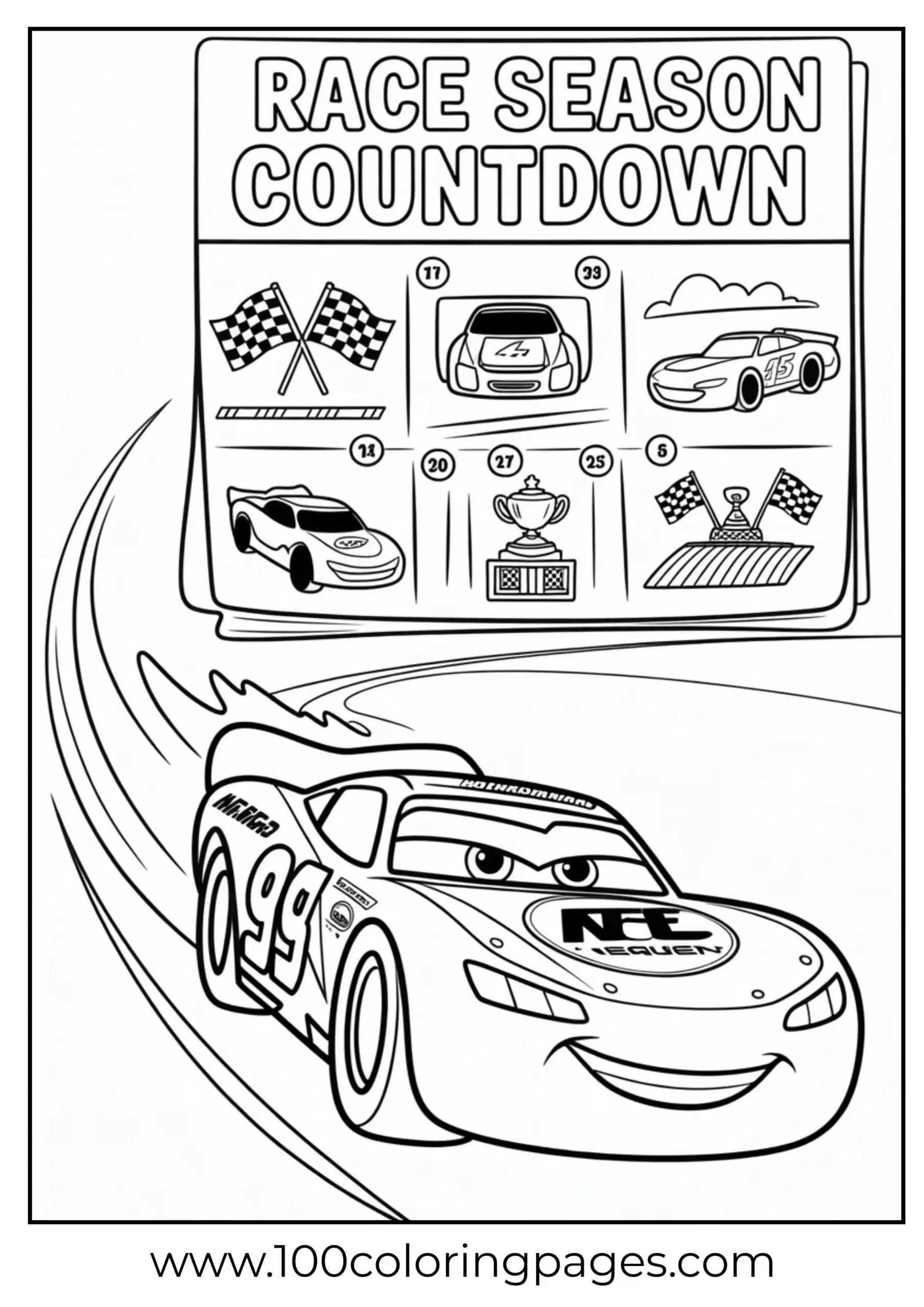 Lightning McQueen with race calendar and countdown coloring page