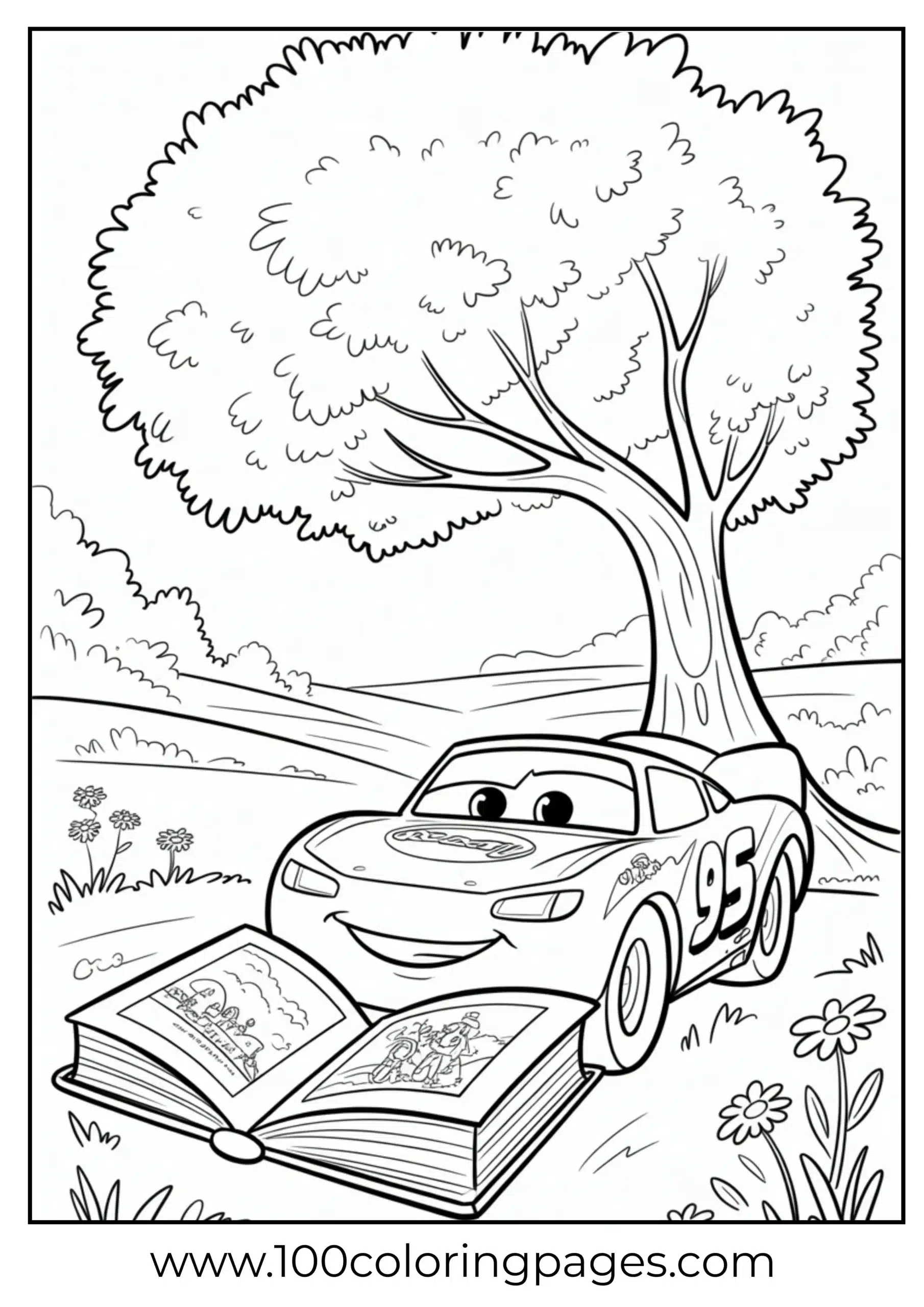 Lightning McQueen reading book under tree coloring page