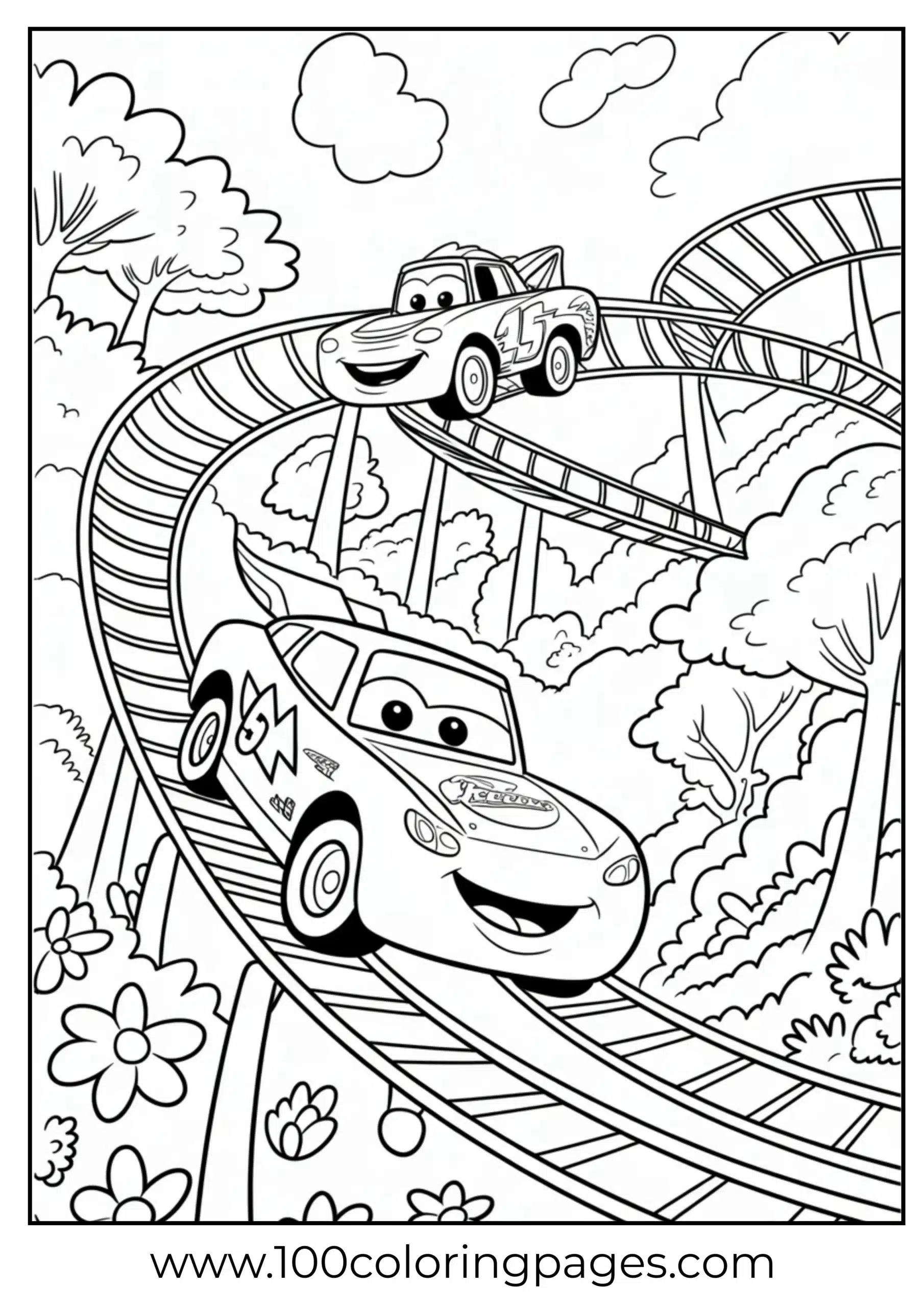 Lightning McQueen on roller coaster with Mater coloring page
