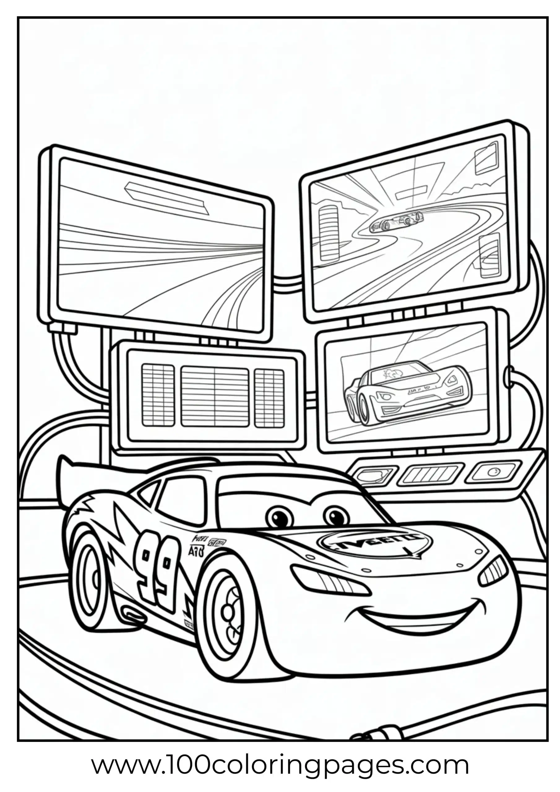 Lightning McQueen in training simulator with screens coloring page