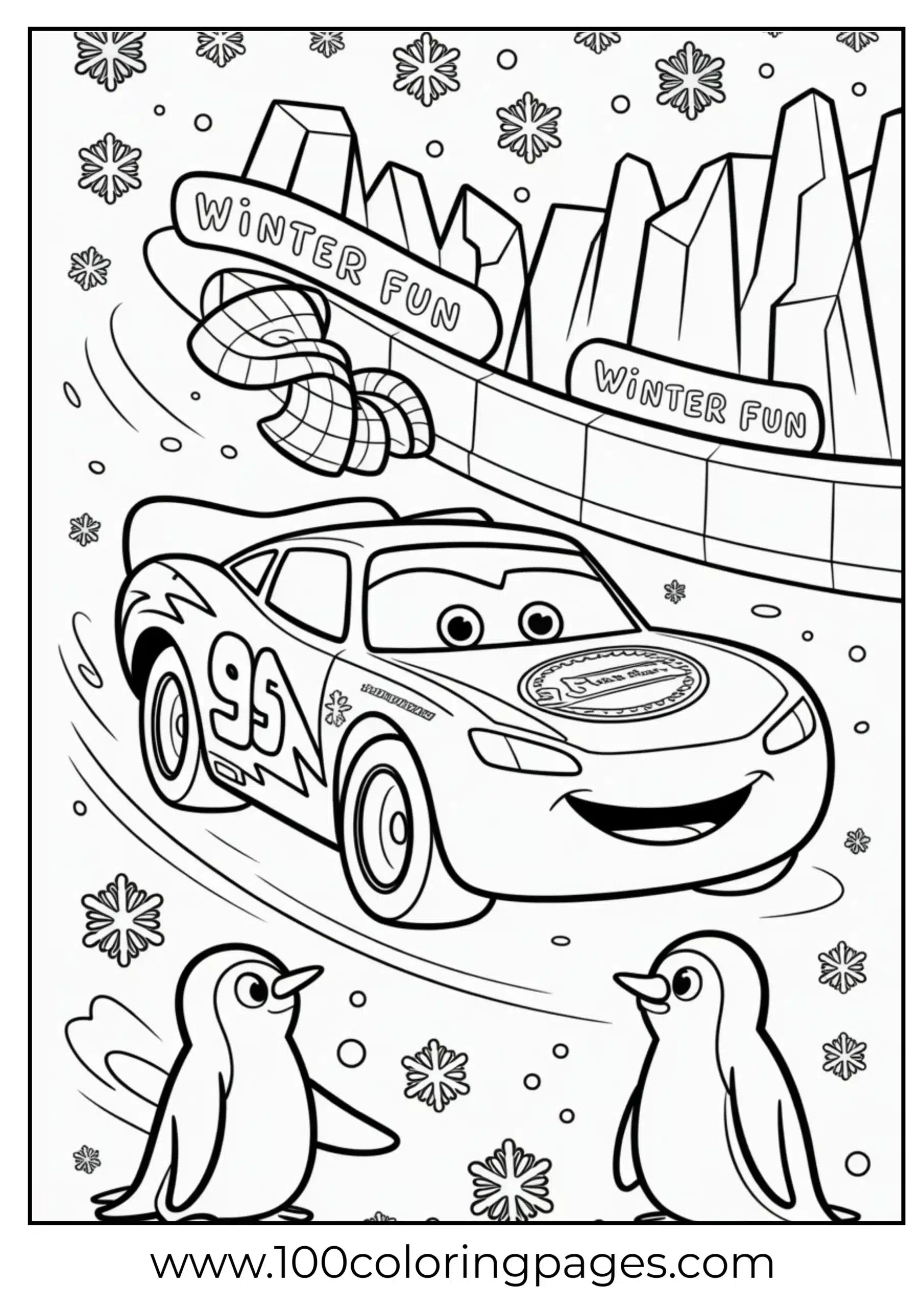 Lightning McQueen ice skating with snow and scarf coloring page